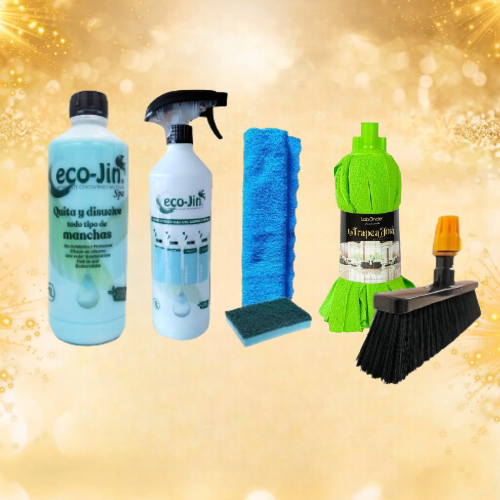 PACK LIMPIEZA ECO-JIN MULTISUPERFICIES FORMADO POR ESCOBA PARA INTERIORES + AROMA A ELEGIR + FREGONA A ELGIR + DIFUSOR + BAYETA Y ESTROPAJO CON ESPONJA