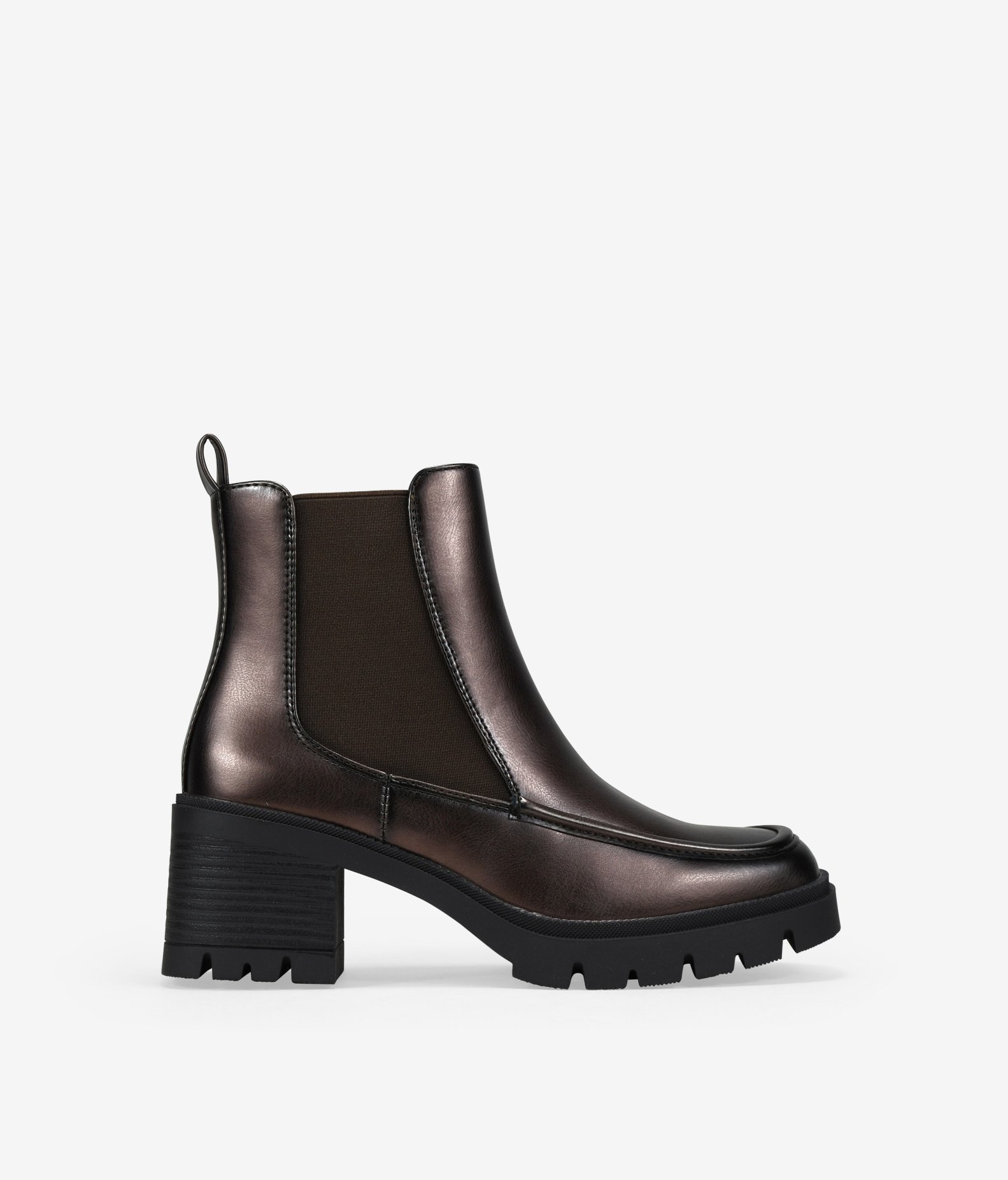 Bosanova Botines de tacón para mujer metalizados con elástico lateral y suela de volumen dentada con tacón ancho. Cierre con cremallera.