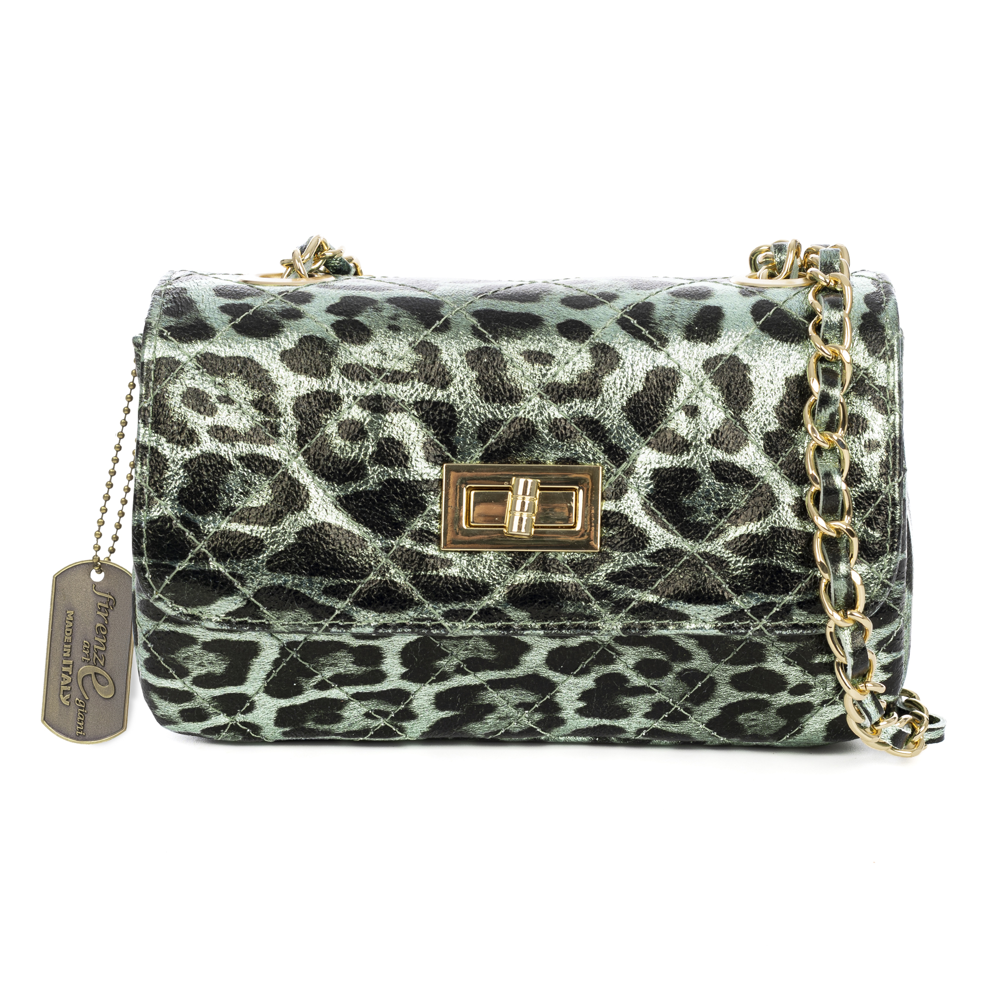 FIRENZE ARTEGIANI Amaro bolso bandolera mujer. Piel auténtica Gamuza acolchada, animal print leopardo, lacado brillante. Fabricado en Italia 20x9x13 Cm. Color: Leopardo