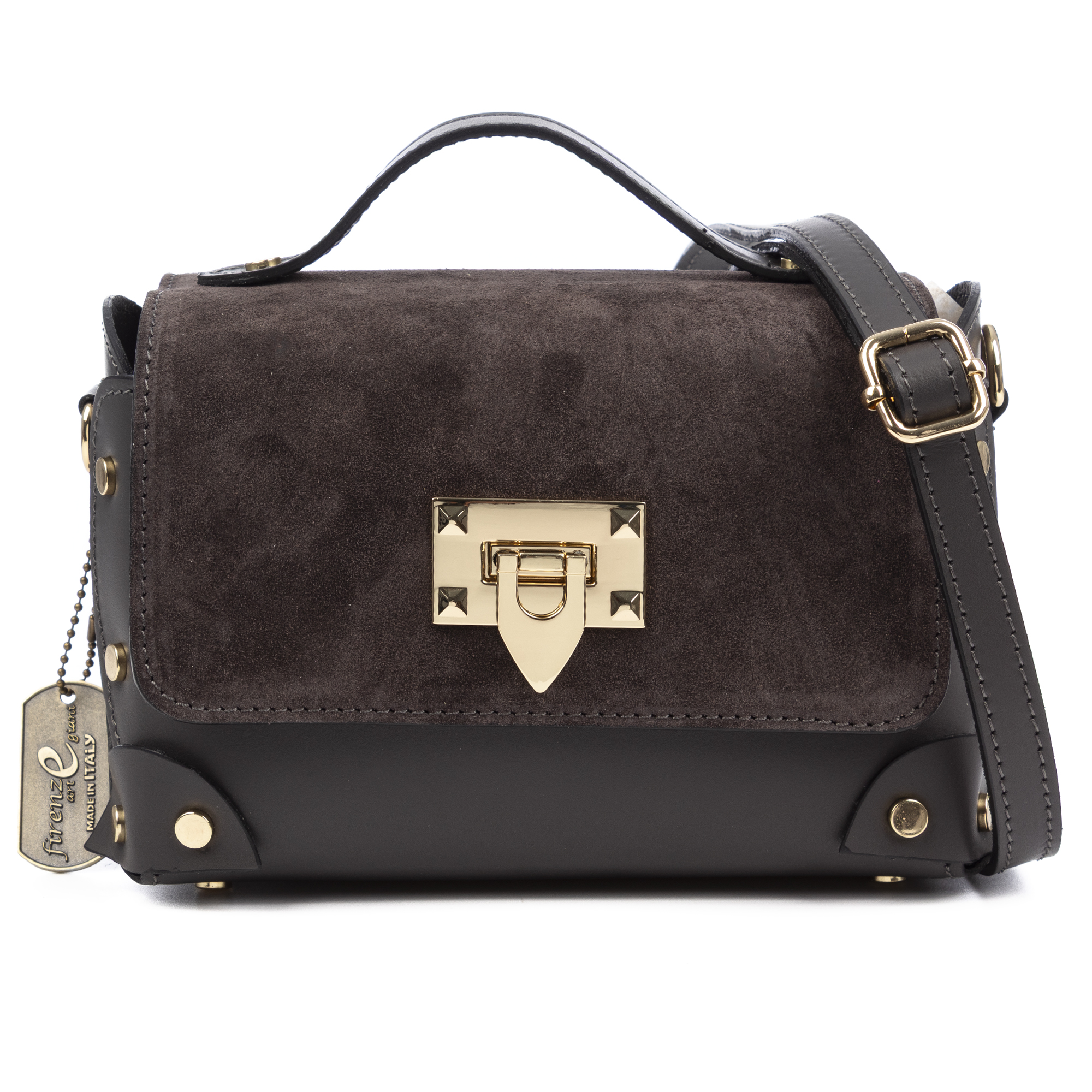 FIRENZE ARTEGIANI Barrali Bolso bandolera Mujer. Piel auténtica Gamuza y Ruga. 22x12x14cm.