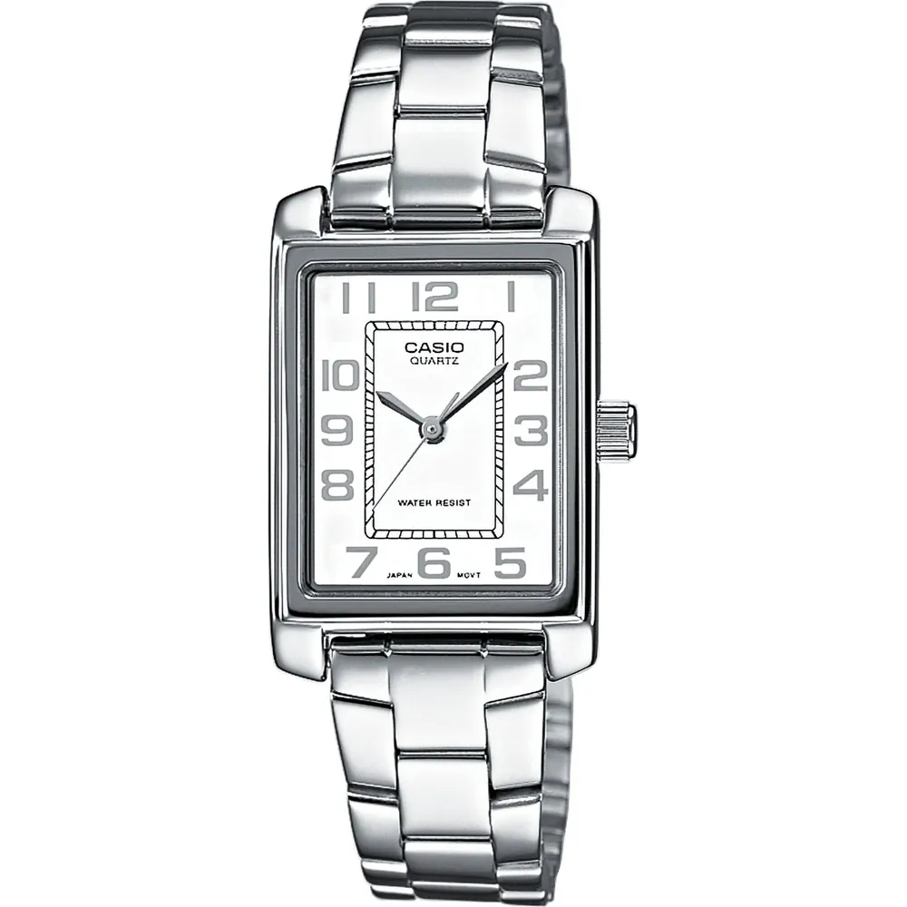Casio - Reloj analógico LTP-1234PD-7BEG para mujer con caja y correa de acero inoxidable plateado, dial negro, movimiento de cuarzo y resistencia a salpicaduras para uso diario