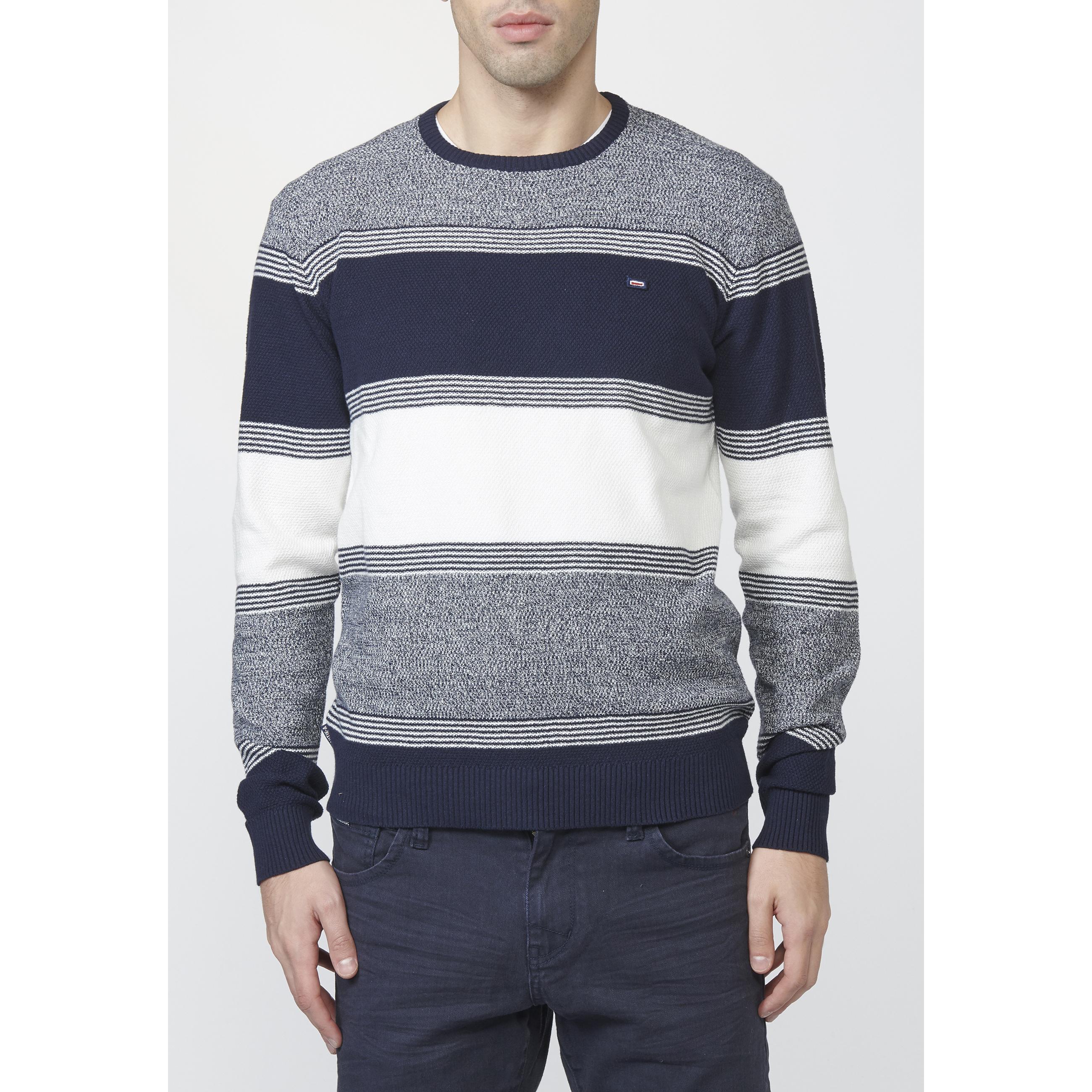 Koroshi - Jersey de punto para hombre con rayas texturizadas en relieve tono sobre tono, tejido 100% algodón suave color navy
