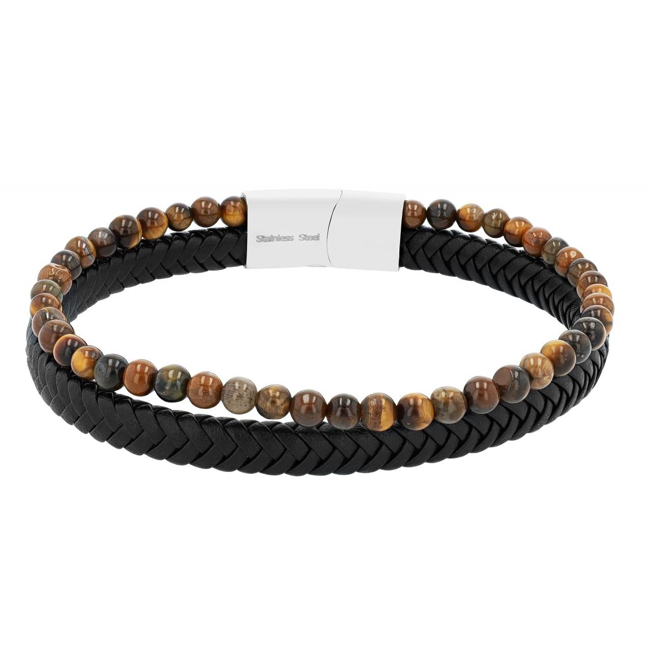 Raptor® Pulsera em Couro Genuíno com Pedra Olho de Tigre Castanha RA50220