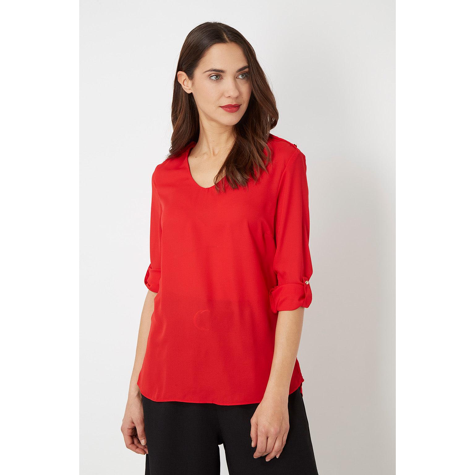 Blusa mujer fluida shirt blouse escote pico manga larga ajustable botón trabillas hombros aplique estilo casual cómoda elegante corte recto talla L color rojo ✅Entrega 24/48h