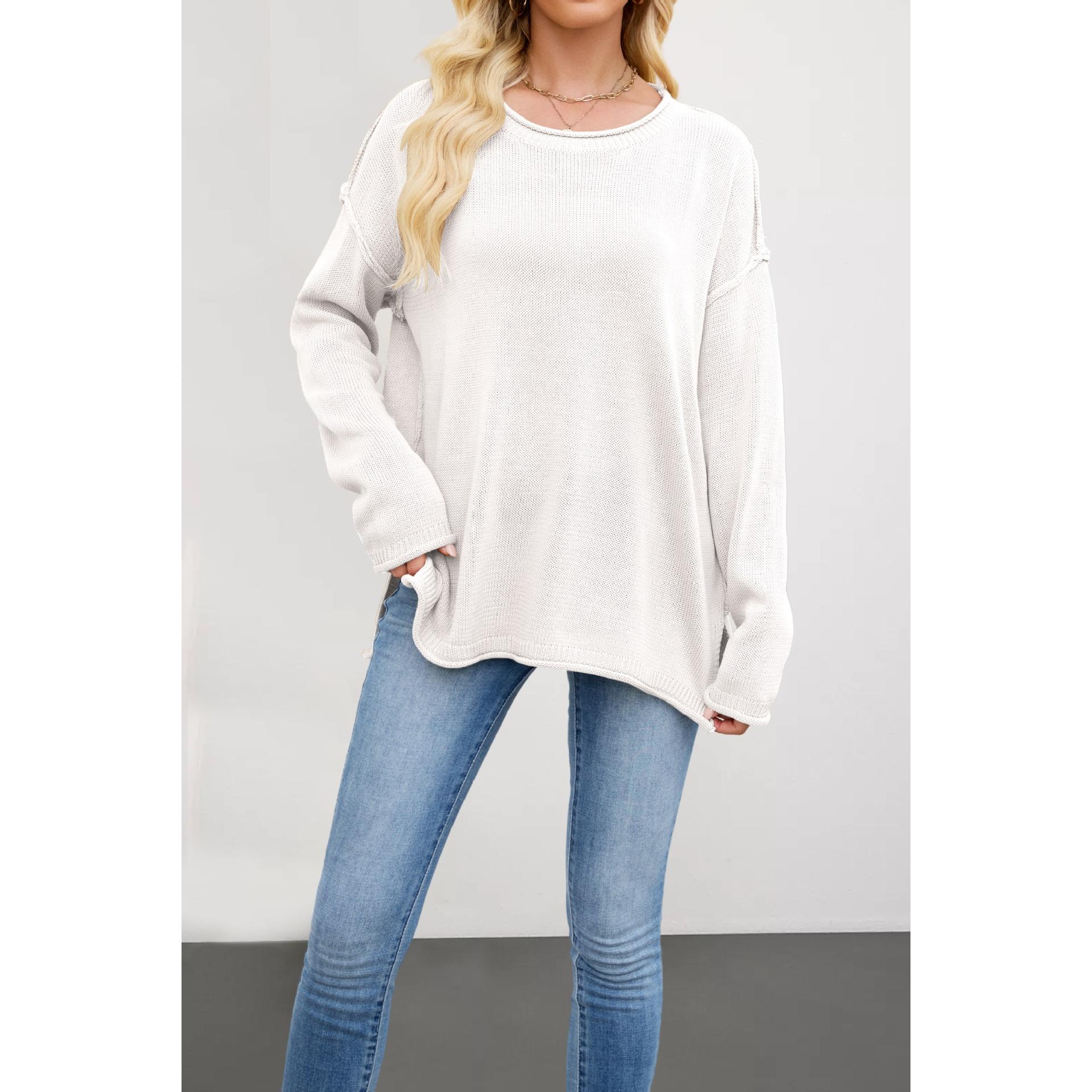 TK Suéter básico holgado y versátil de cuello redondo de punto de color liso para mujer, otoño/invierno