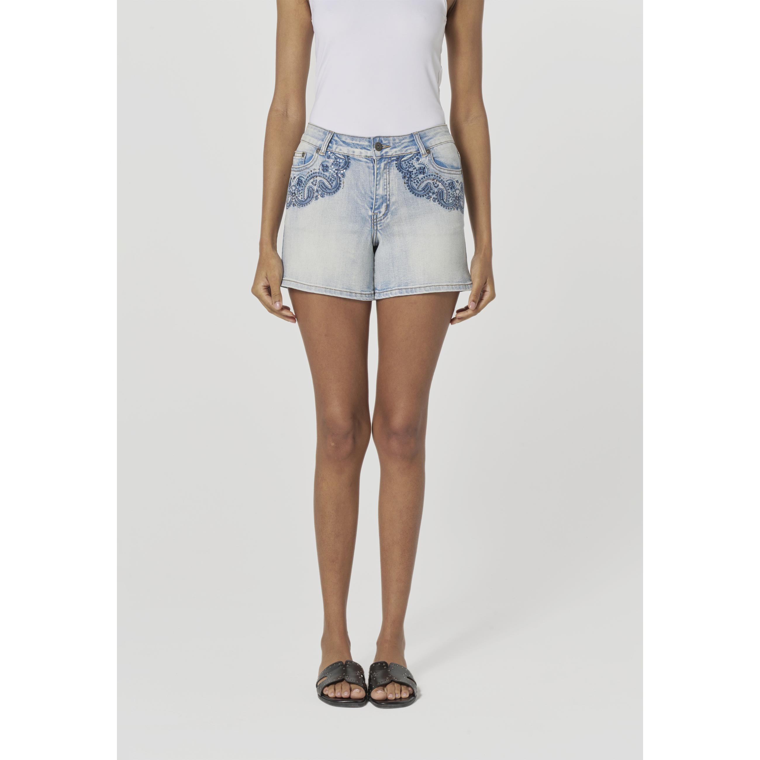 Koroshi - Pantalón corto vaquero mujer con cenefa bordada y bajo desflecado en denim elástico 70% algodón para verano
