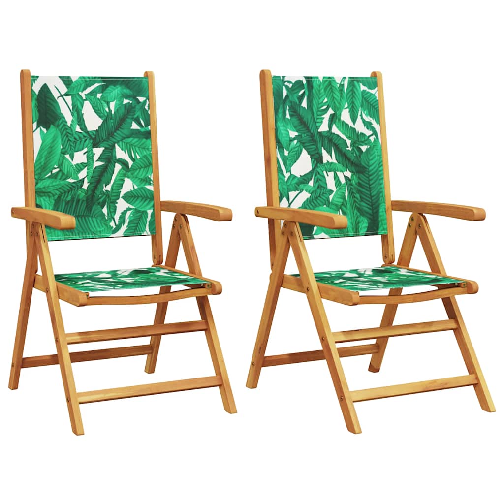 vidaXL Sillas plegables (2 unidades) con estampado de hojas, madera maciza de acacia y tela.