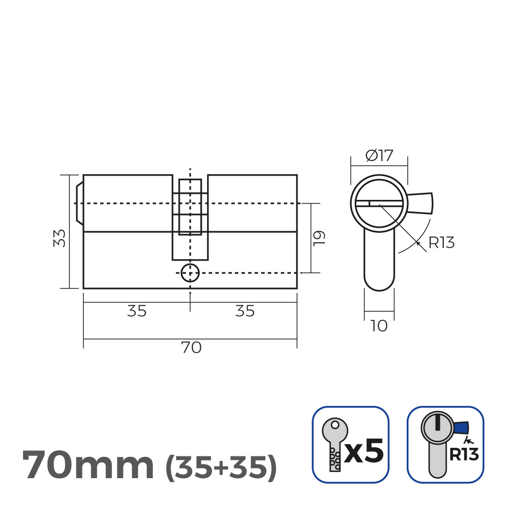 bombin de laton 70mm (35+35mm) leva corta r13 con 5 llaves de seguridad incluidas edm