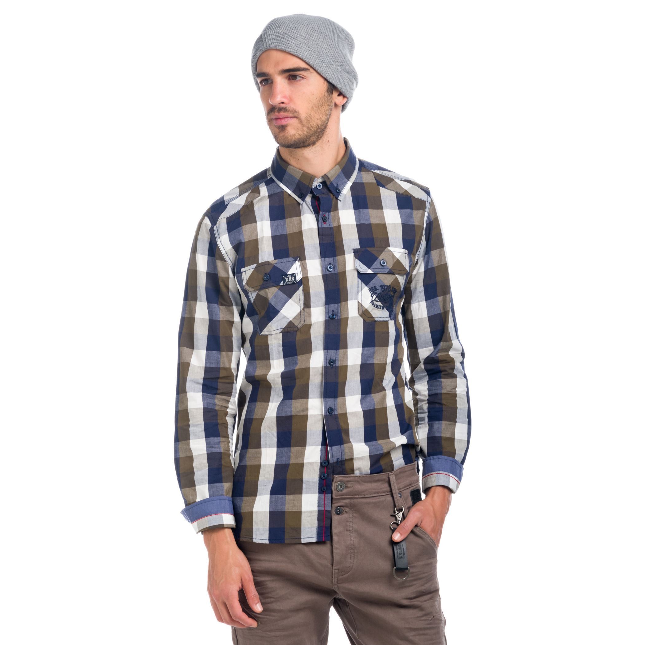 Koroshi - Camisa manga larga de cuadros en 100% algodón con doble bolsillo y letras bordadas para hombre, estilo workwear casual