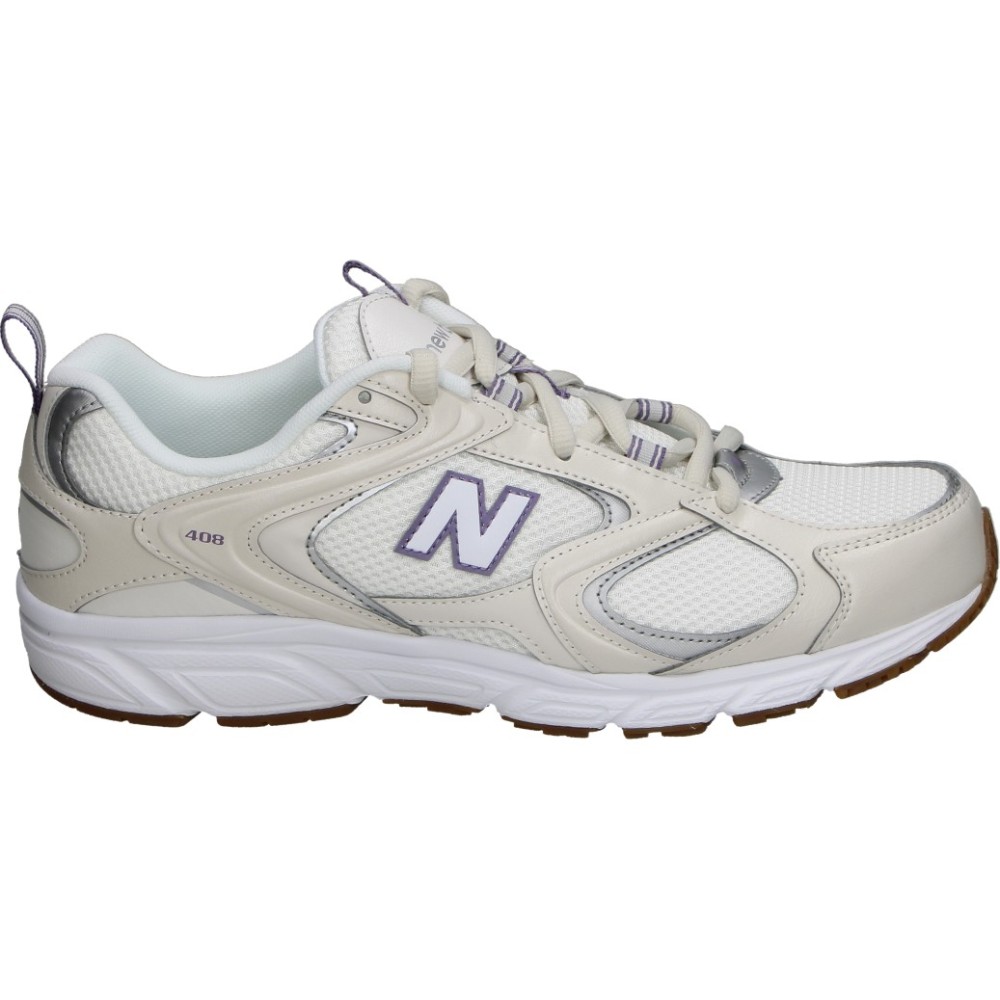 NEW BALANCE | Zapatillas New Balance 408 para Mujer – Deportiva en Color Beige con Detalles en Blanco y Morado – Sneakers con Cordones – Cómodas y Versátiles – Combinables – Moda – Modelo U4084OJ