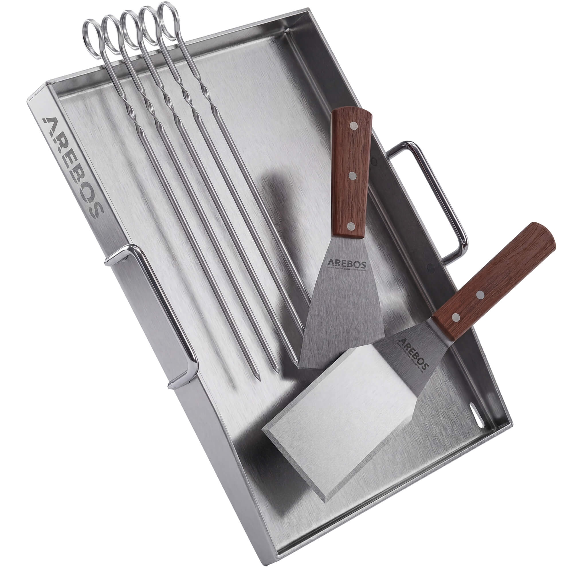 AREBOS Plancha Acero Inox 40x30cm 800°C BBQ Parrilla 2 Espátulas 5 Brochetas