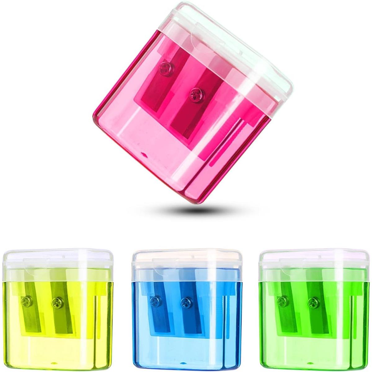 Om Home Sacapuntas (paquete de 4) - Sacapuntas de doble orificio - Con soporte de plástico - Para lápices de colores manuales - Sacapuntas portátil para niños, estudiantes, escuela, hogar y oficina
