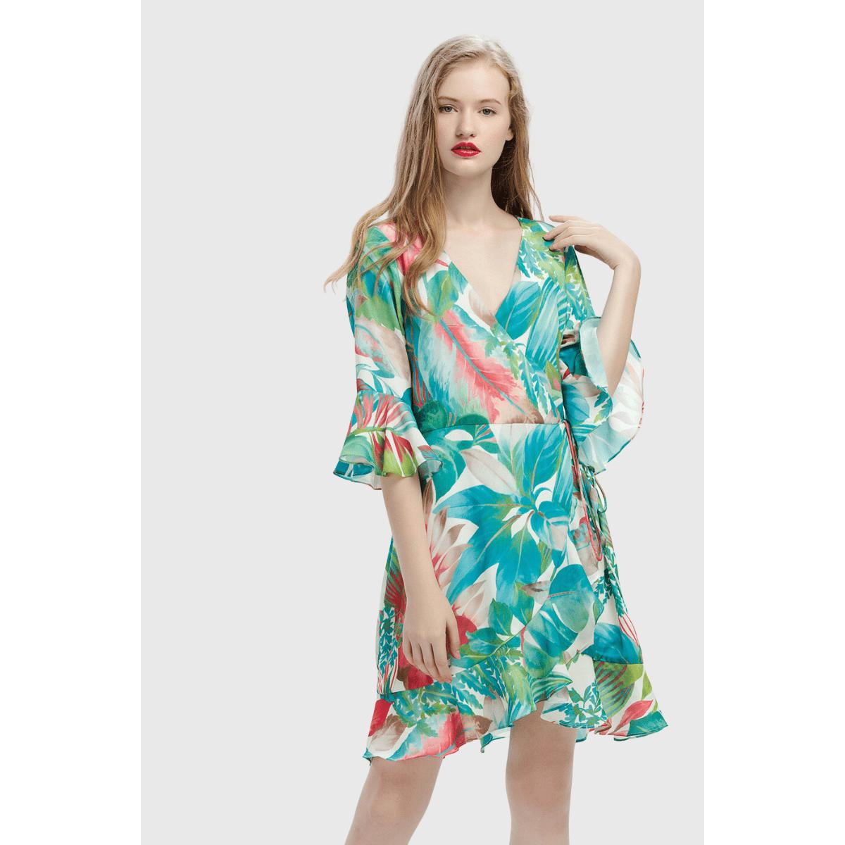 Vestido corto cruzado mujer, dress floral, estampado tropical, manga volante, corte casual, tela suave y fresca, colores verde/rosa/azul, talla 38, versátil cómodo, ideal verano ✅Entrega 24/48h