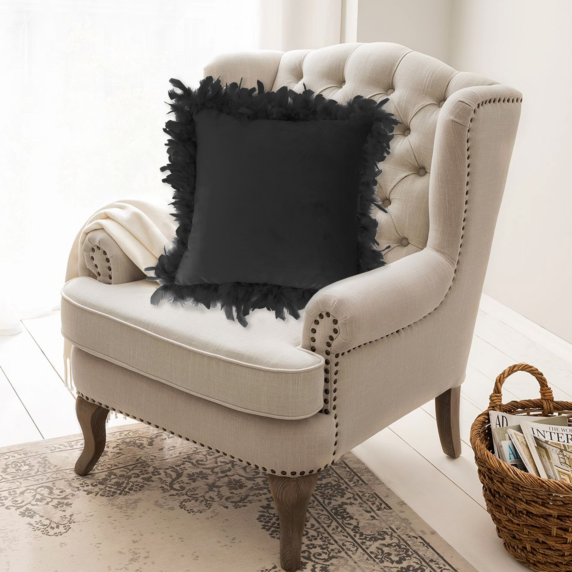 Vivid Torral - Cojín decorativo de terciopelo con plumas y relleno incluido 45 x 45 cm (5 colores: Rosa, Gris, Verde, Blanco y Negro)