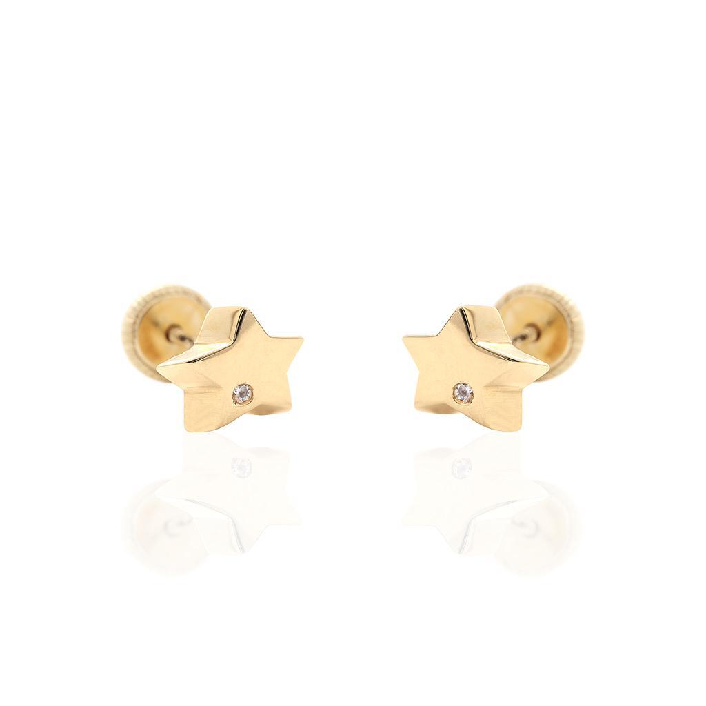 Pendientes bebe de oro amarillo de 18 k, cierre de rosca, con forma de estrella, brillo,lisa y en el centro una circonita 229-78-6A. Medidas: 6 mm