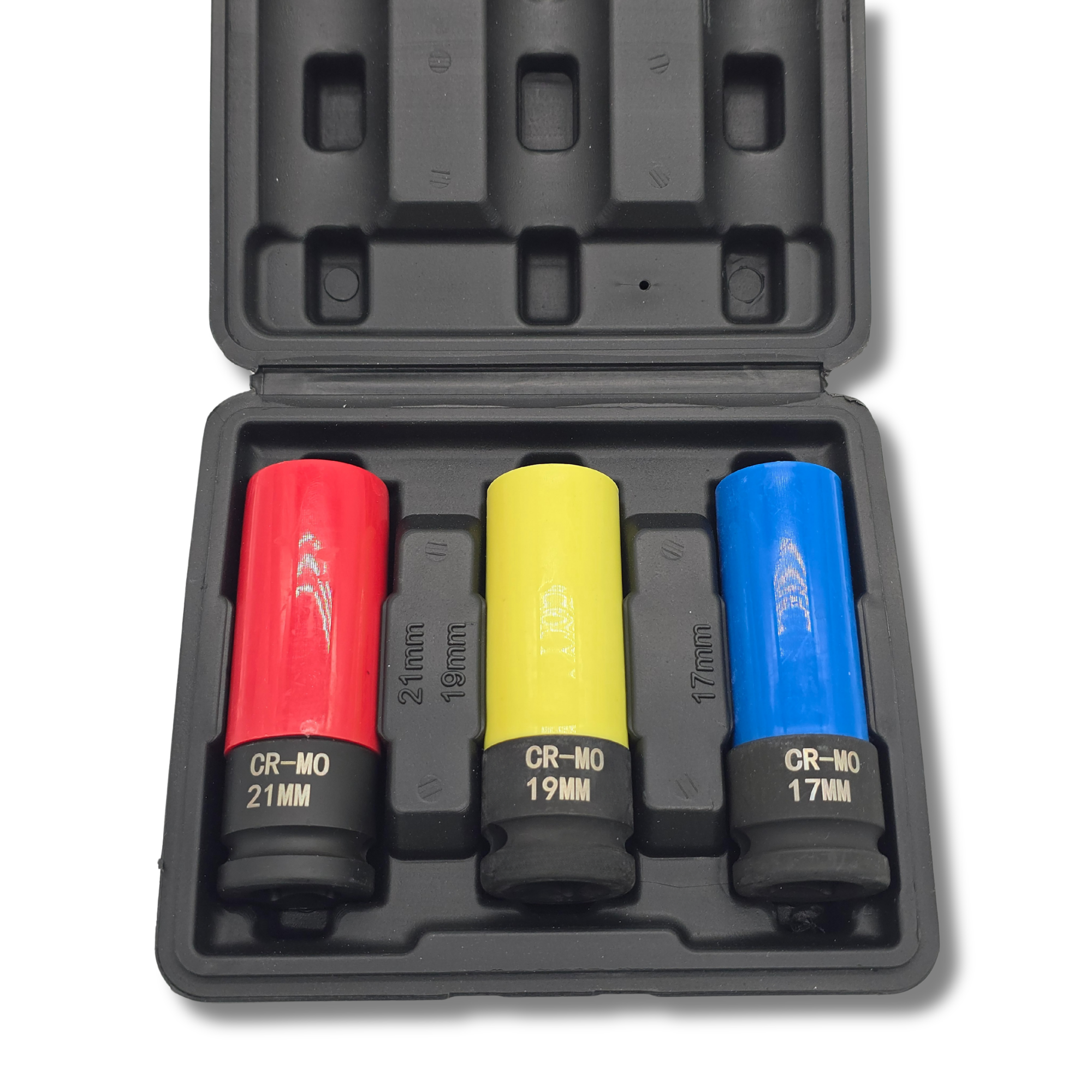 AC Tools Juego de 3 vasos de impacto CR-MO medidas 17, 19 y 21mm con cubierta de nylon para proteger las llantas