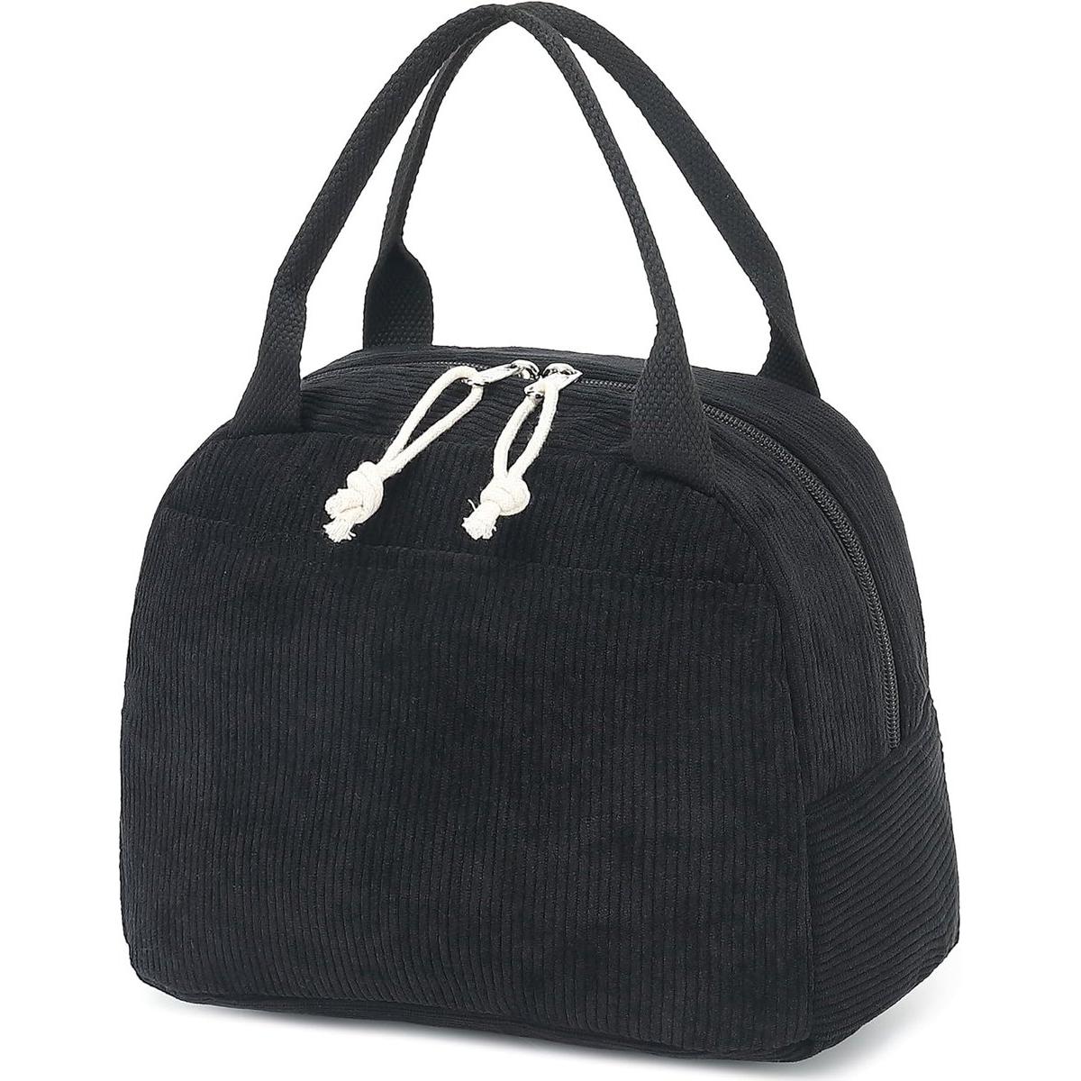 Bonita bolsa de almuerzo de pana para hombres y mujeres, fiambrera isotérmica reutilizable, de gran capacidad, adecuada para el trabajo, picnics o viajes (negra).