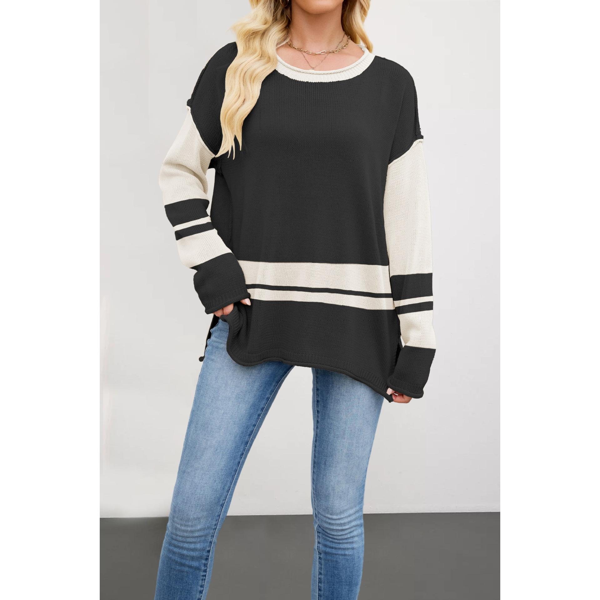 TK Suéter holgado y versátil con cuello redondo y bloques de color para mujer, otoño/invierno