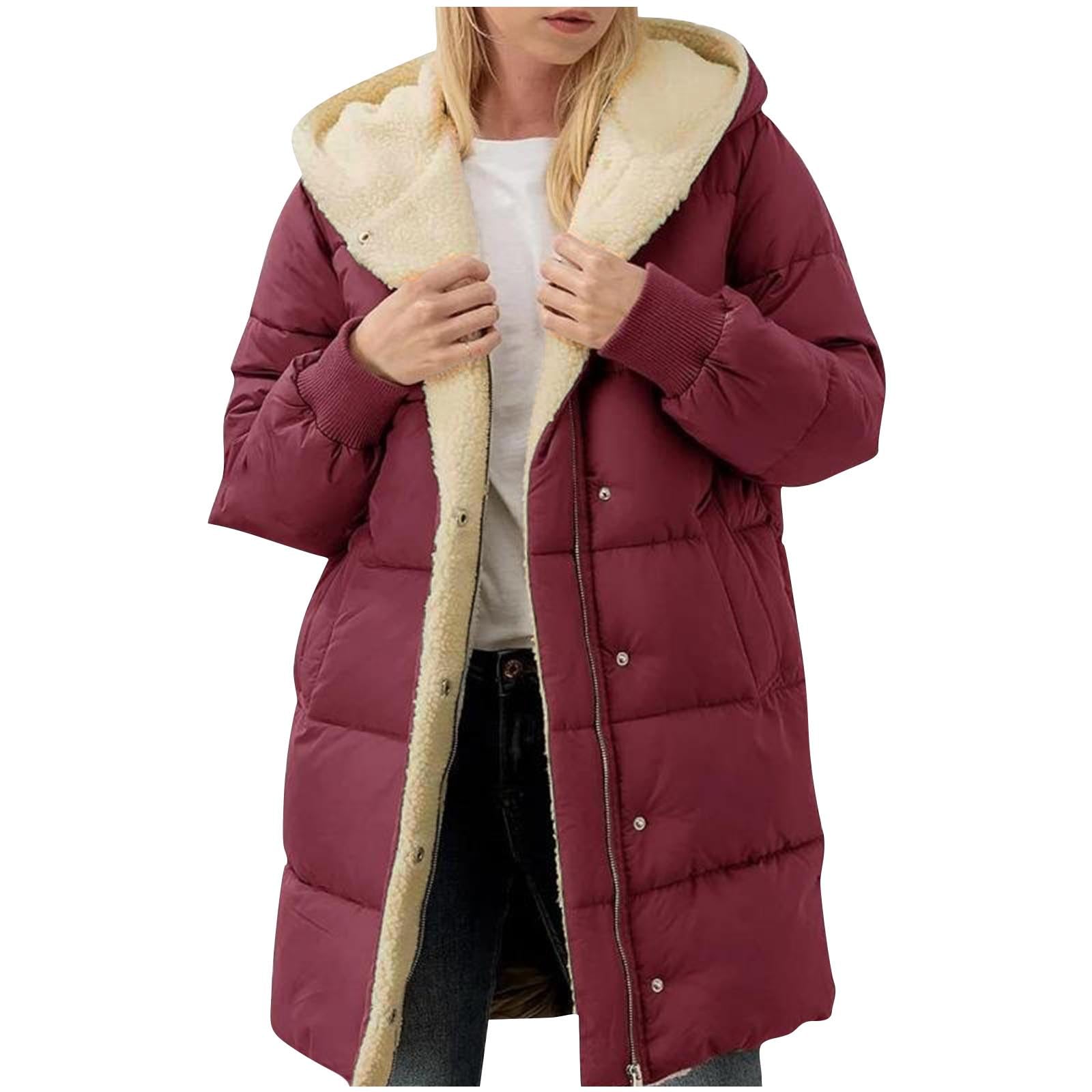 TK Abrigo largo acolchado con forro de piel de oveja, chaqueta de invierno para mujer con capucha y bolsillos, talla grande 2025