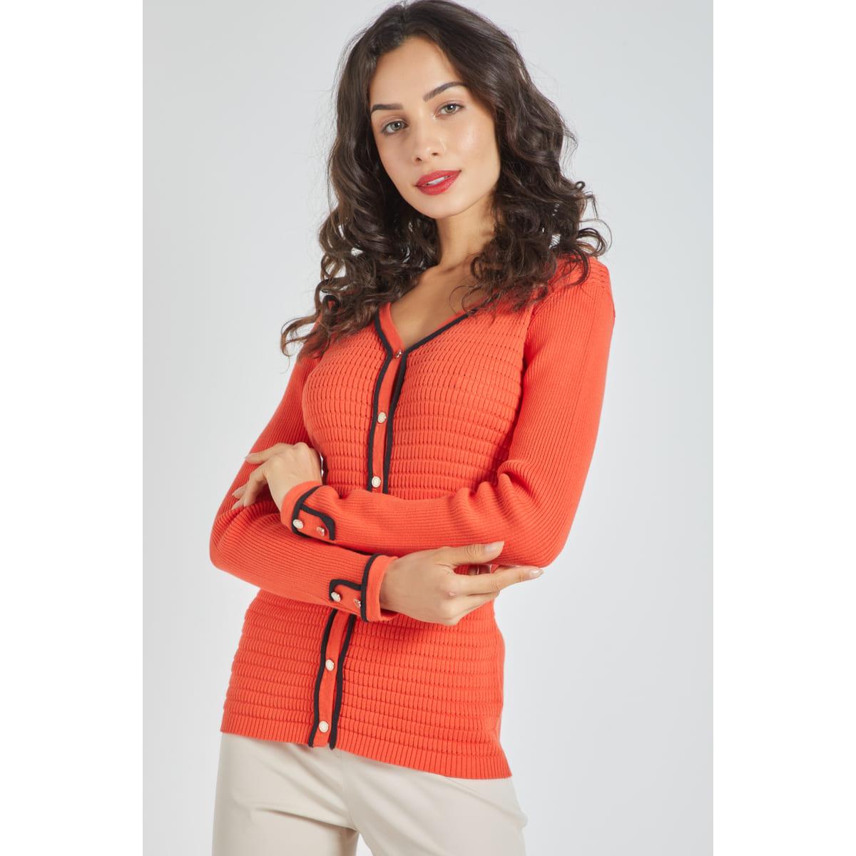 Cárdigan mujer punto canalé, chaqueta ligera viscosa, escote pico, botones contraste, manga larga, puños elásticos, cómodo versátil, color naranja, talla S, moda casual y elegante ✅Entrega 24/48h