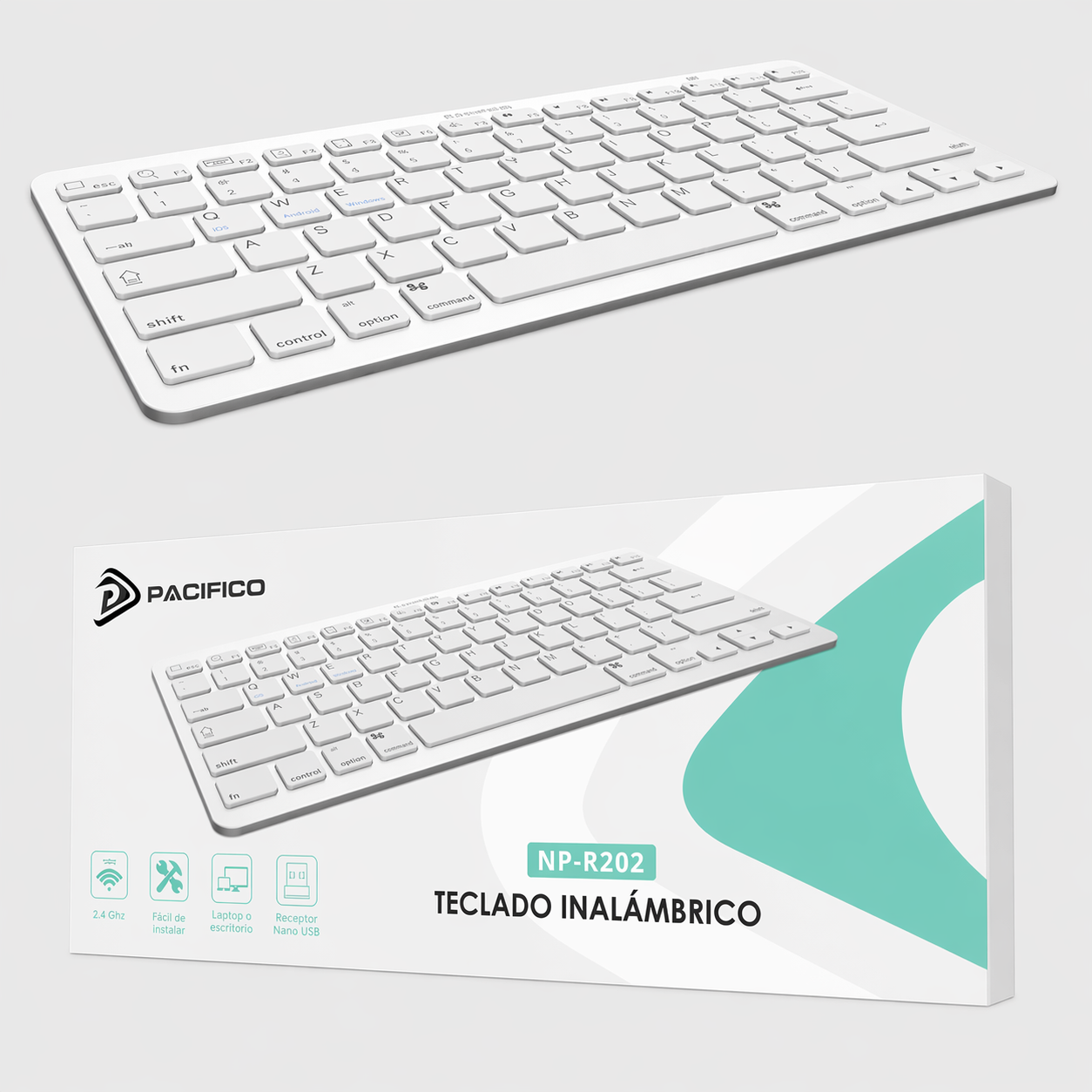 Teclado Inalámbrico Pacífico NP-R202 Compacto con Funciones Multimedia, Alcance 10 m y Compatible con iOS, Android y Windows