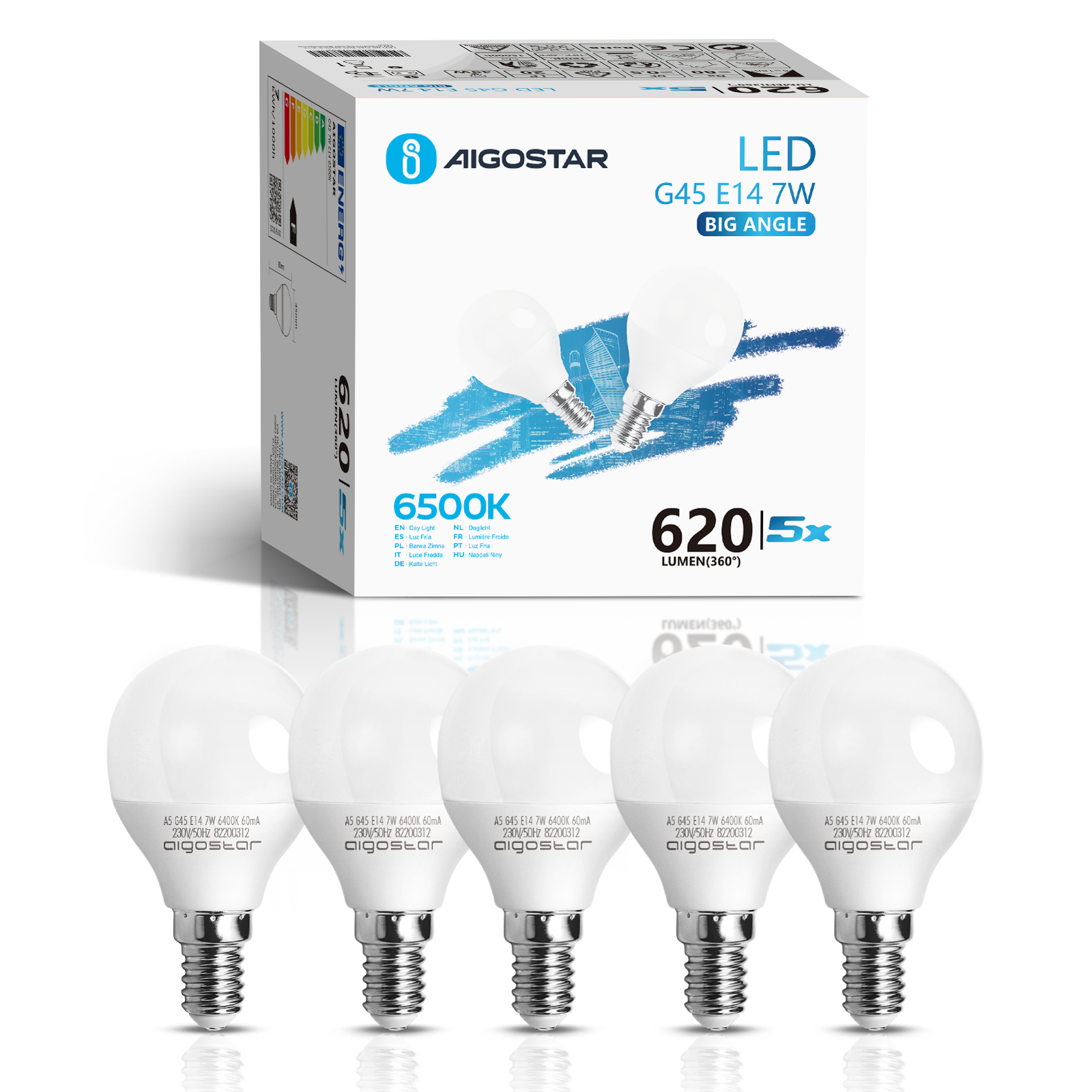 Aigostar - Bombilla LED E14 G45 7W, Luz cálida 3000K/Luz Fría 6500K, 620 Lúmenes, Ahorro de energía, ángulo de apertura 230º, No Regulable, 5 unidades