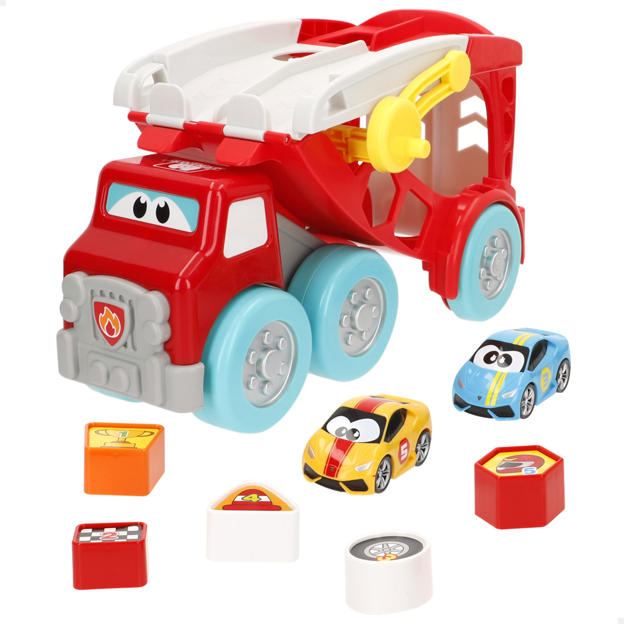 Burago Junior - Camión interactivo con rampa doble y coches infantiles, set completo con obstáculos para hacer carreras y competiciones , funciona sin pilas, licencia oficial, ideal para jugar desde 12 meses