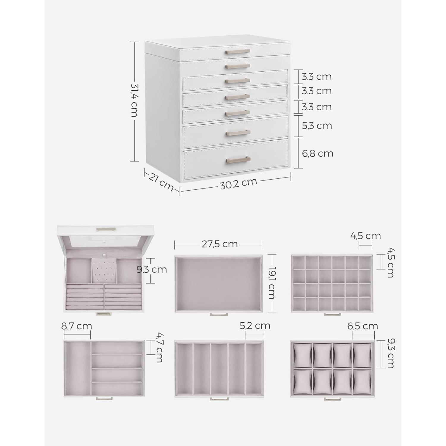 SONGMICS 6955880319916 Joyero con Gran Capacidad, Color Blanco/Gris, 30.5 x 21.5 x 31.5 cm