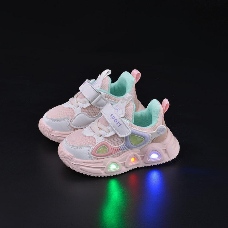 CA Nuevos zapatos de malla luminosos de primavera y otoño para niños y niñas, zapatos de bebé con suela suave iluminada, zapatos deportivos casuales con velcro para niños a la moda