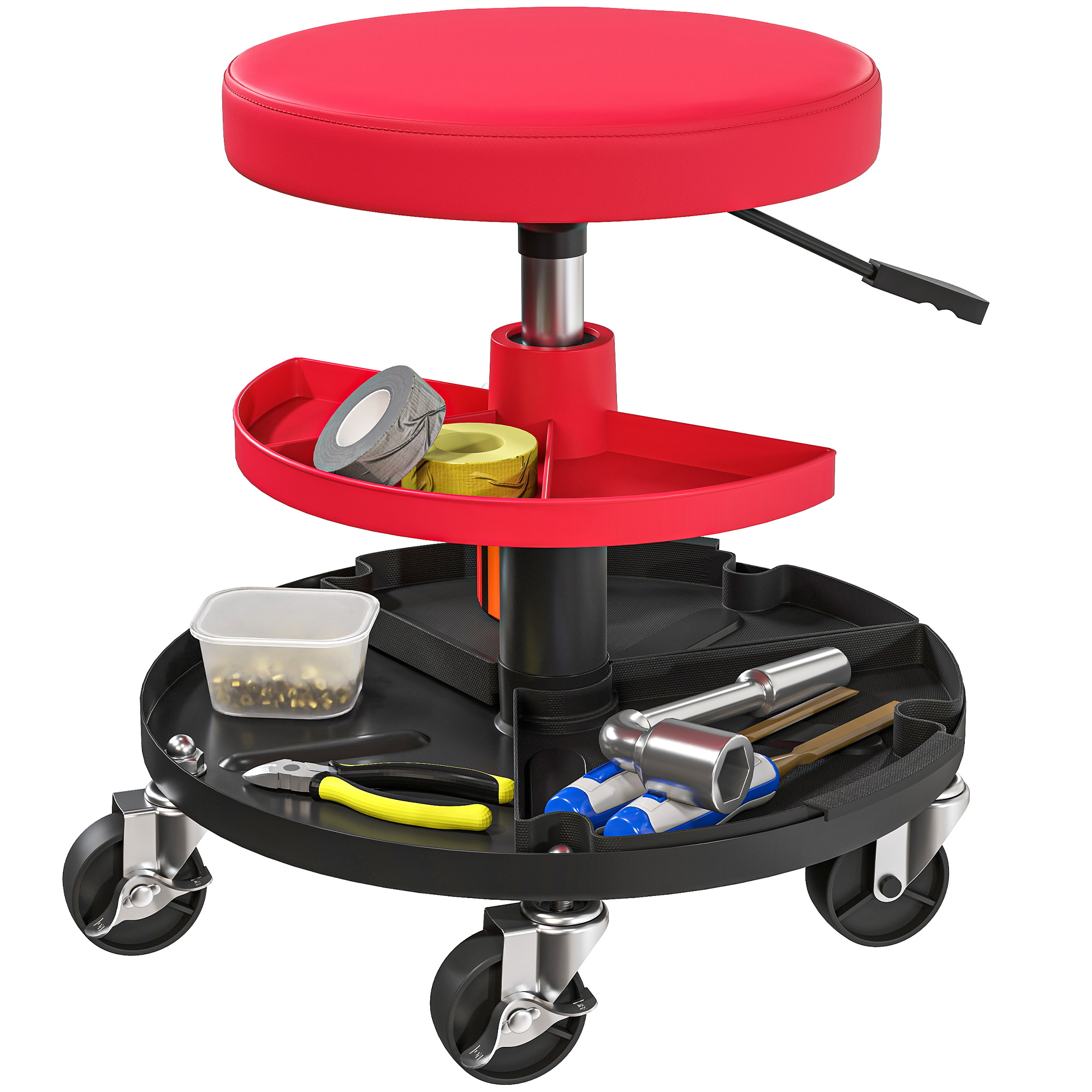 HOMCOM Taburete de Taller Giratorio con Ruedas Altura Ajustable de 40-51 cm Asiento Taburete para Mecánico con 2 Bandejas para Herramientas Carga 135 kg para Garaje Reparación de Automóviles Rojo