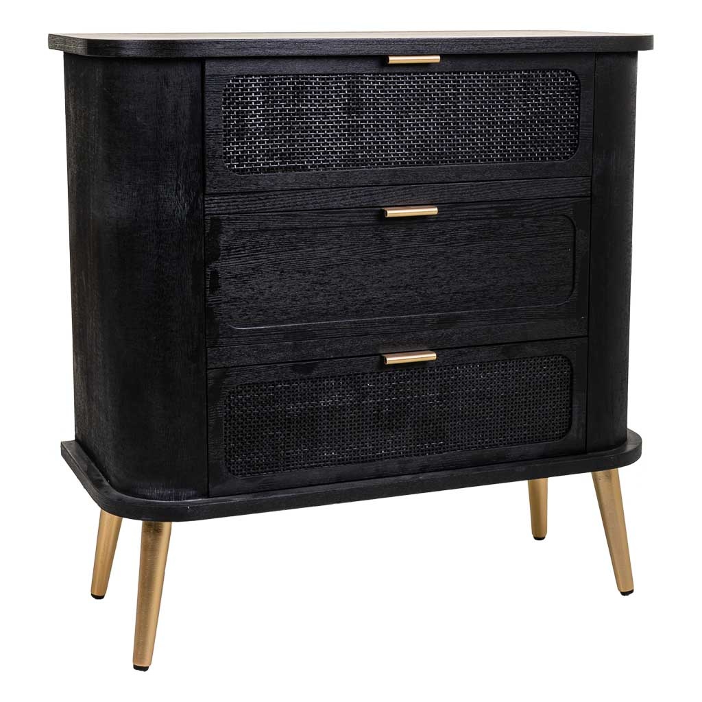 Wonderlust Deco - Cómoda de madera y rejilla lacado negra 80x35x81 Negro 80x35x81h cm