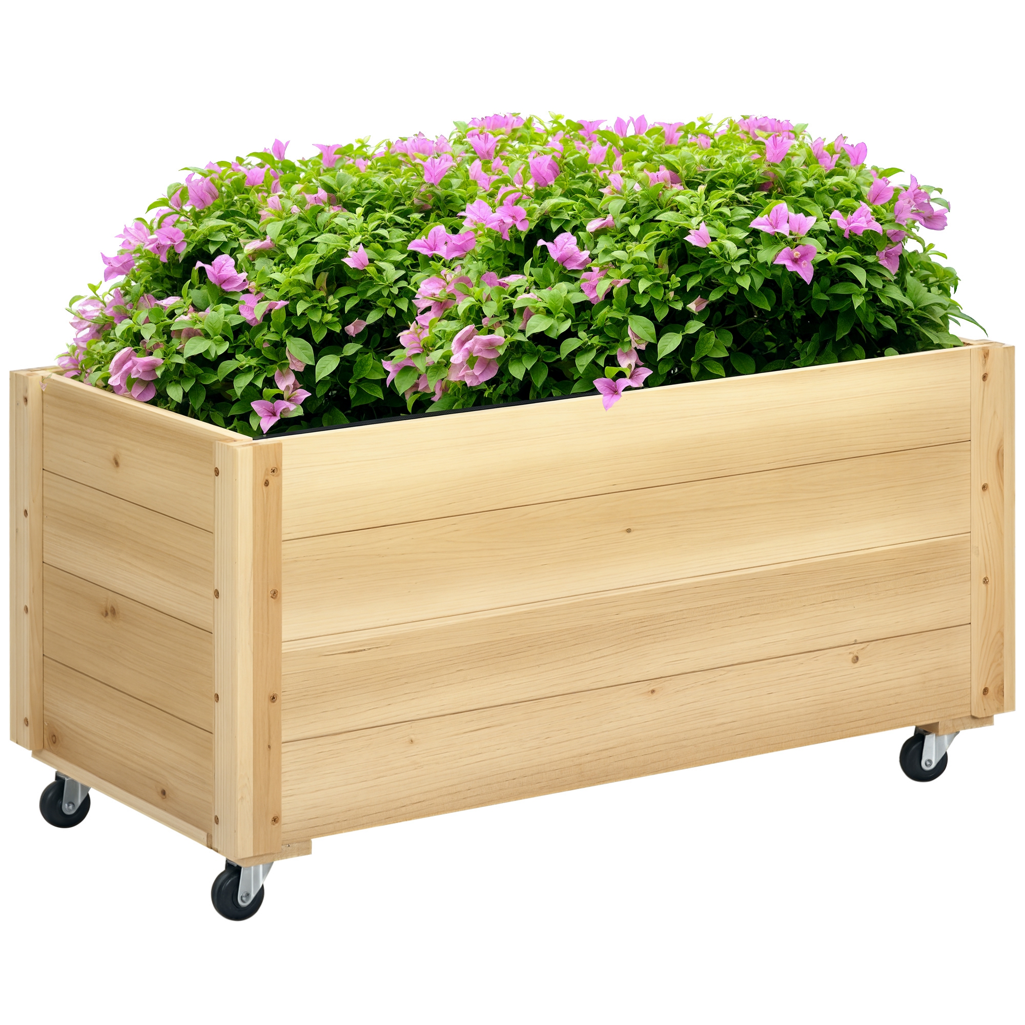 Outsunny Jardinera de Madera con Ruedas, Huerto Urbano para Cultivar Plantas, Macetero Exterior con Tela no Tejida, para Jardin, Terraza, Balcón y Patio, 89x48x47 cm, Natural
