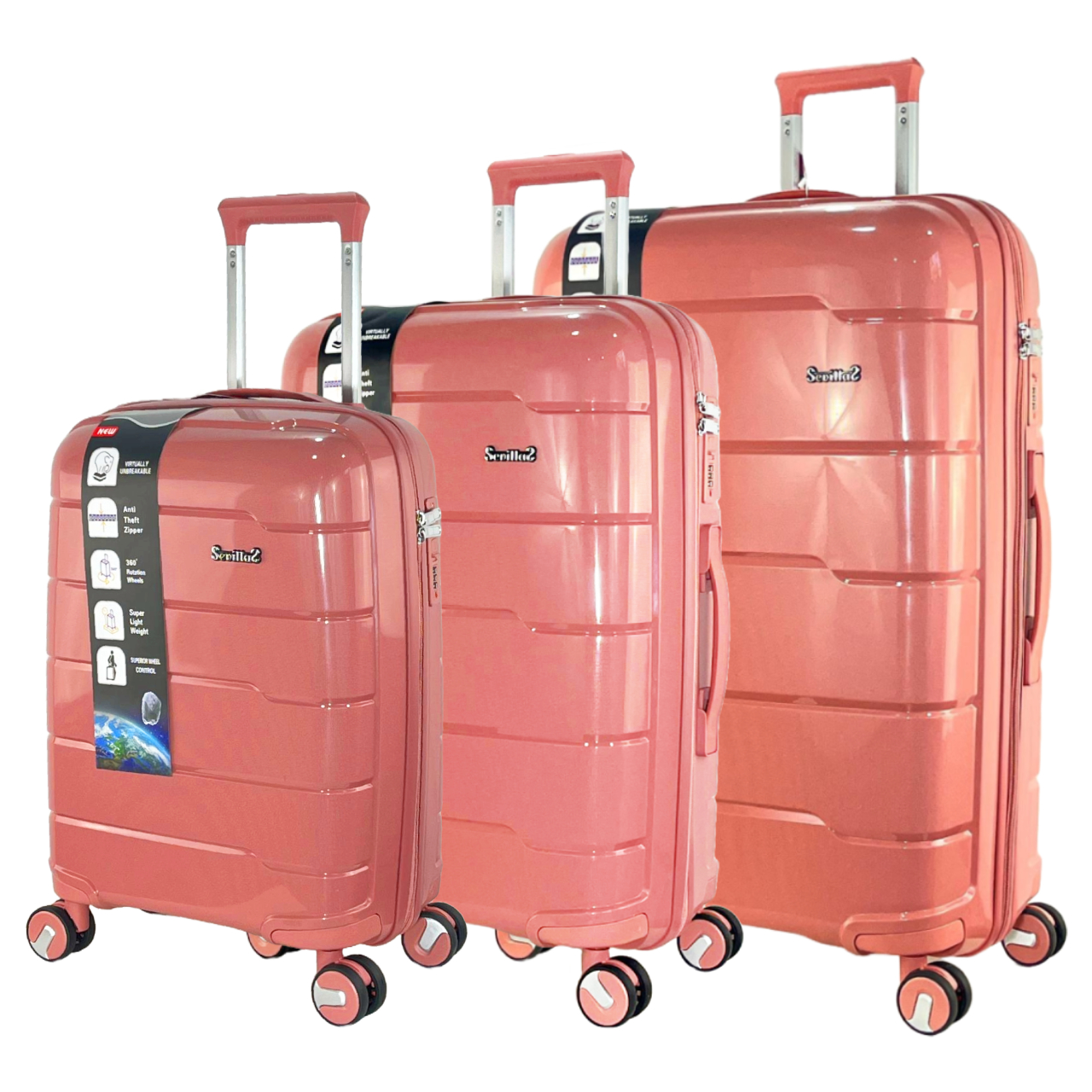 Conjunto de Maletas de Viaje SEVILLAS: Carcasa polipropileno, Cerradura TSA, 8 Ruedas Giratorias 360°, Asa Telescópica