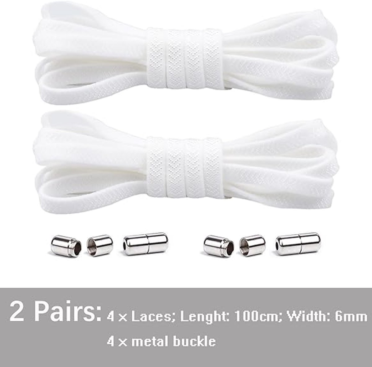Set van 2 elastische platte schoenveters met gespen, geschikt voor kinderen en volwassenen, elastische schoenveters zonder knopen, geschikt voor alle schoentypes, 105 cm lang (wit).