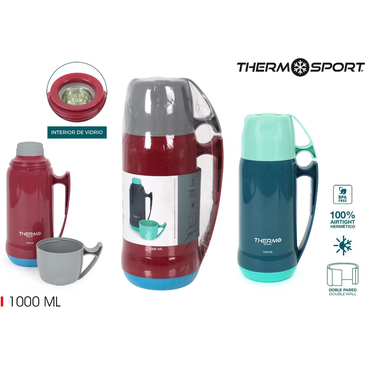 THERMOSPORT - Termo plástico con taza 1L, Acero inoxidable, Aislante para bebidas, Diseño moderno, Portátil