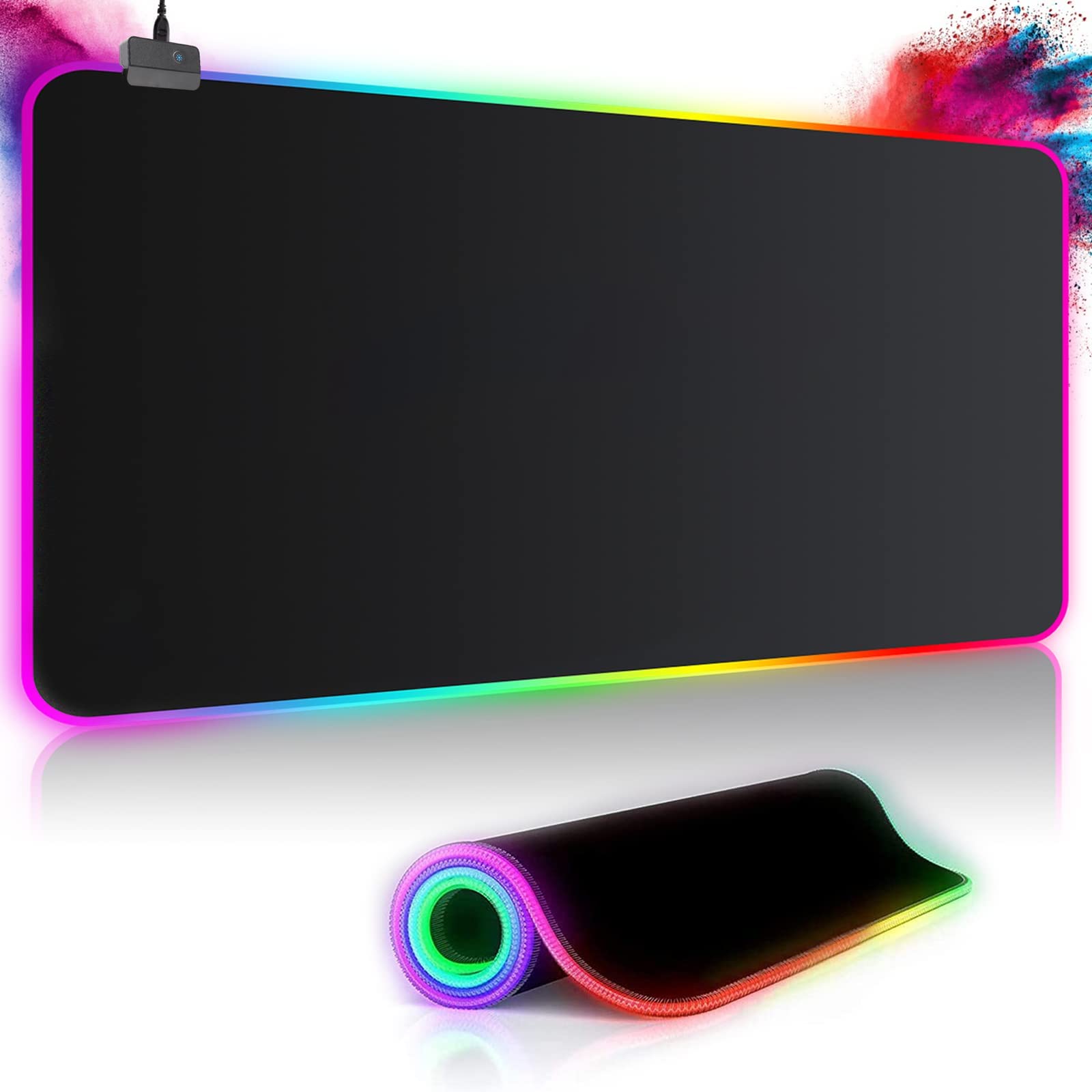 Alfombrilla de Ratón para Juegos RGB XL, Alfombrilla de ratón para Juegos de 800x300 mm Grande con 14 Modos de iluminación, 7 Colores LED, Antideslizante,para Jugadores de PC, Entrada USB Adicional