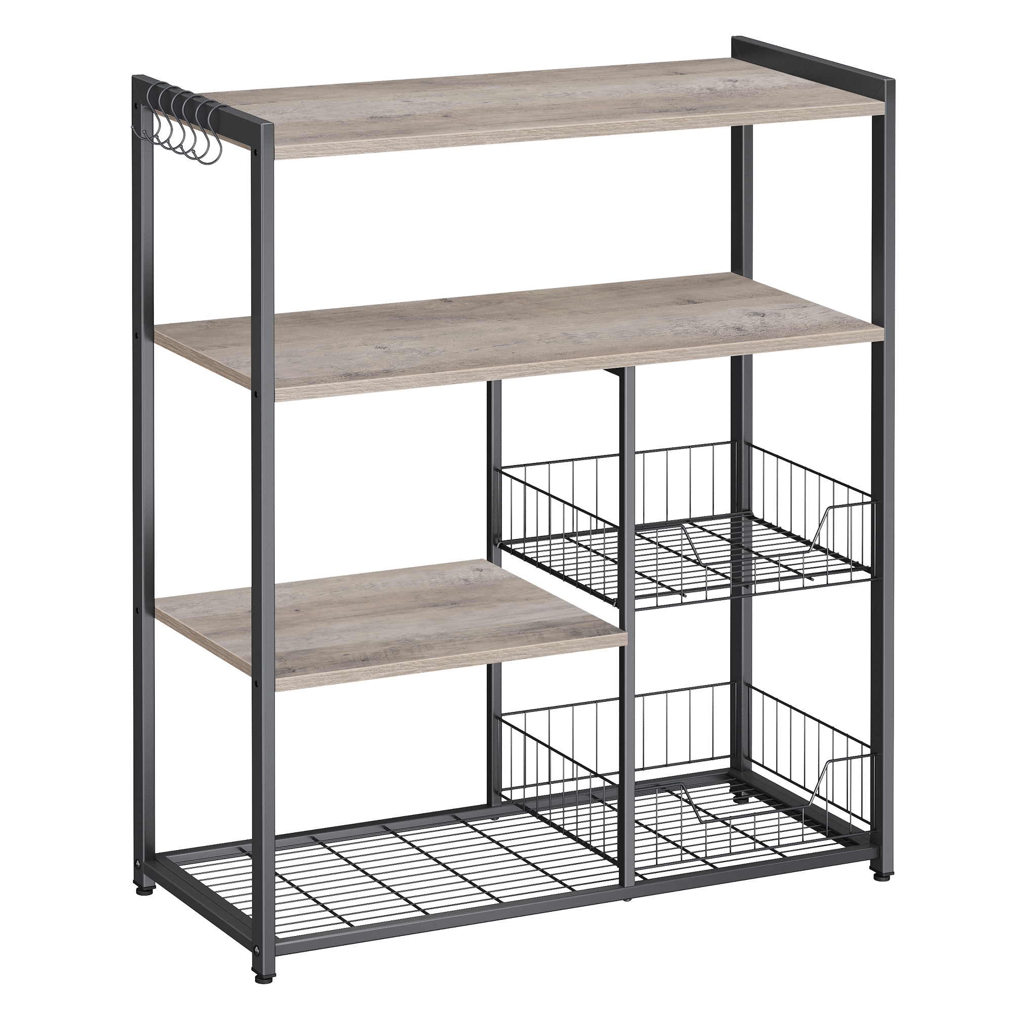 VASAGLE Estantería de Cocina con 2 Cestas de Malla Metálica, Estantería para Microondas, con Estantes y Ganchos, 35 x 80 x 95 cm, Estilo Industrial, Marrón Rústico y Negro Tinta/Gris Carbón y Negro Tinta/Nogal Medio y Blanco