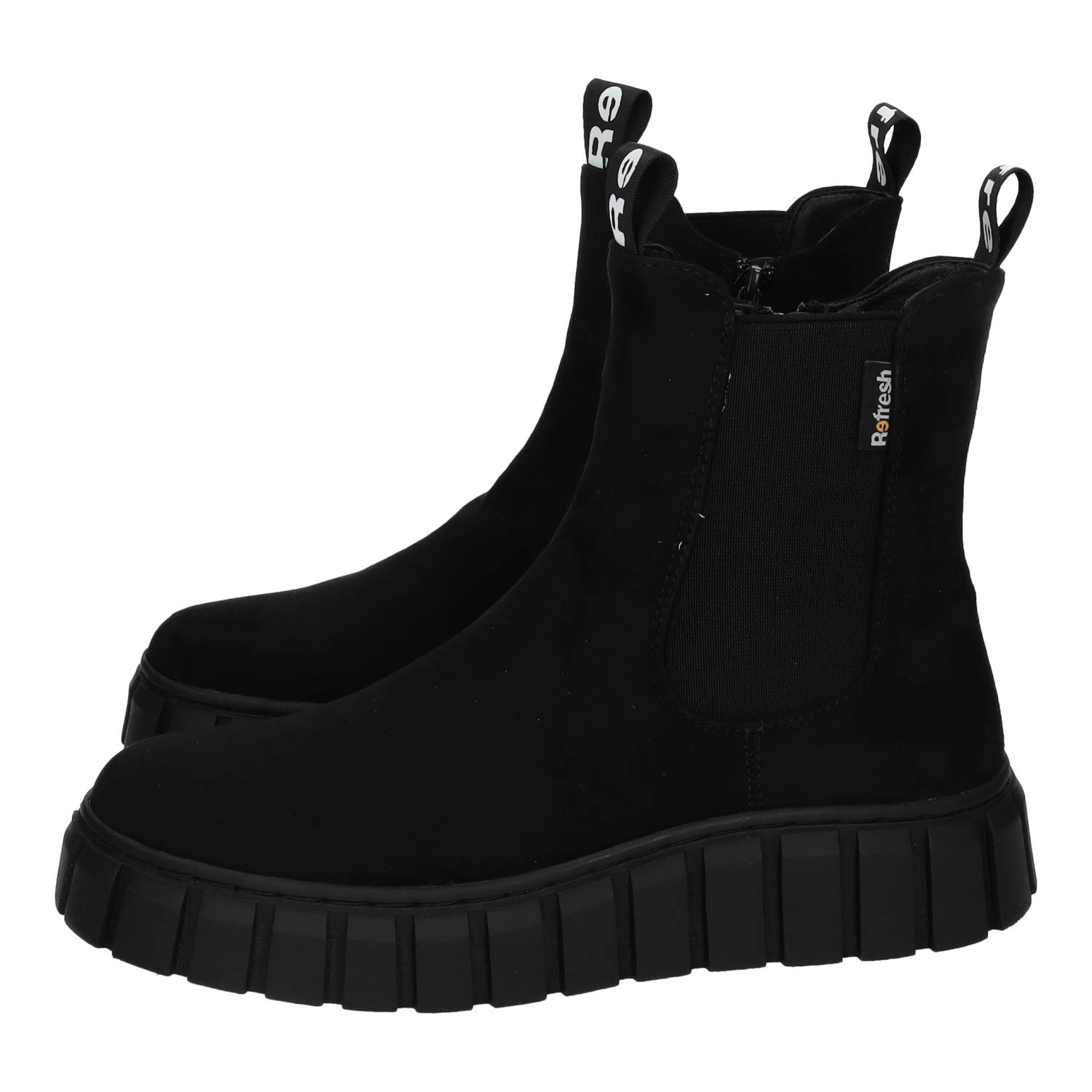 Botines marca REFRESH para mujer en color negro. Botines urbanos mujer REFRESH negros con suela dentada y cremallera lateral cómoda