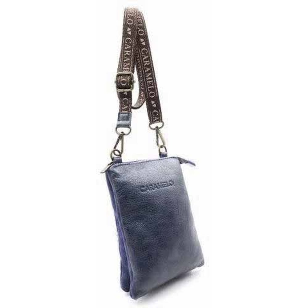 CARAMELO BOLSITO PIEL CON BANDOLERA ANCHA VEGETAL AZUL VEGETAL 13x4x17 Cms.