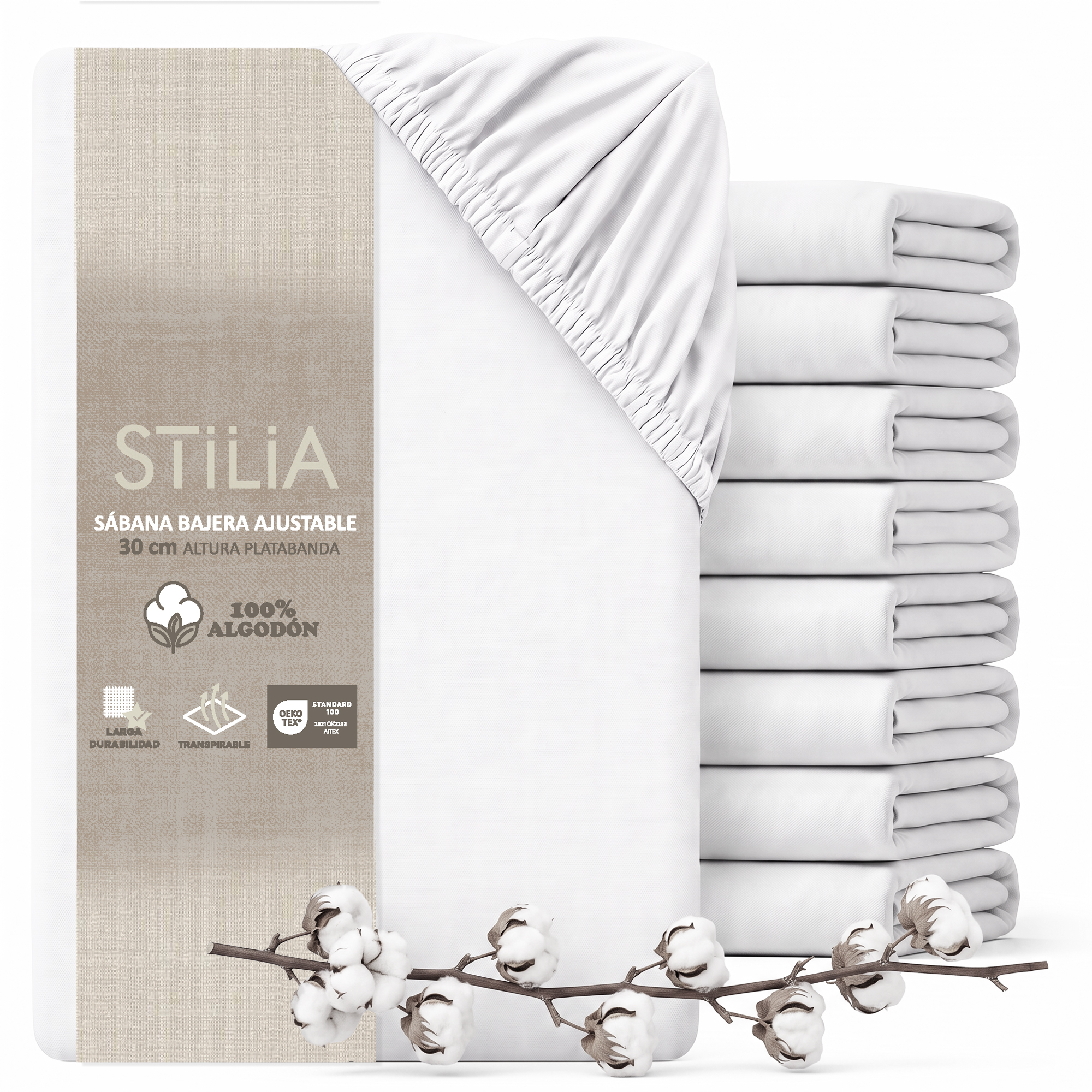 STILIA Sábana bajera blanca ajustable 100% algodón
