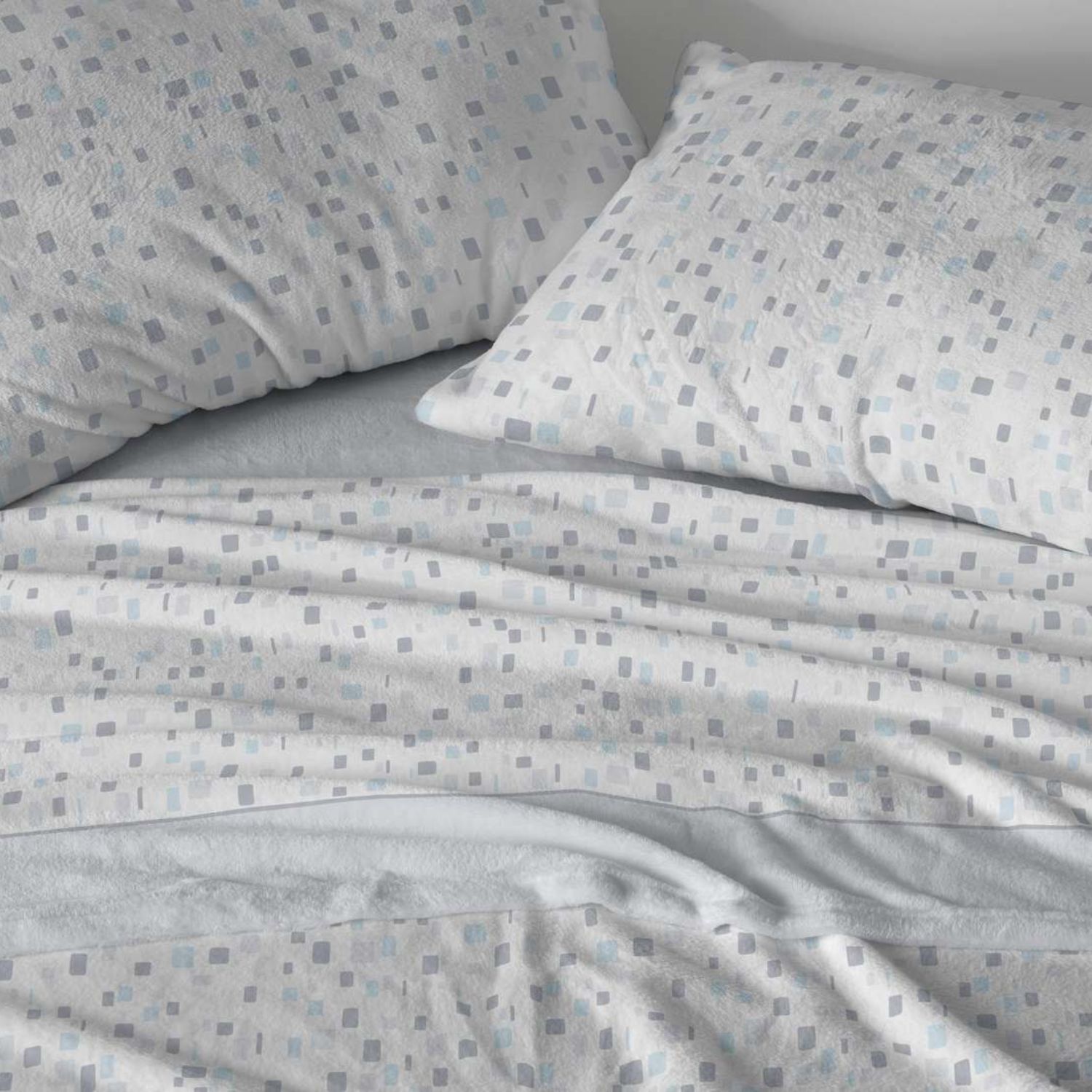 Juego Sábanas BURRITO BLANCO Tejido Coralina Diseño Cuadros Cielo - Tacto Suave, Cálido y Ligero - Cama 90-150cm