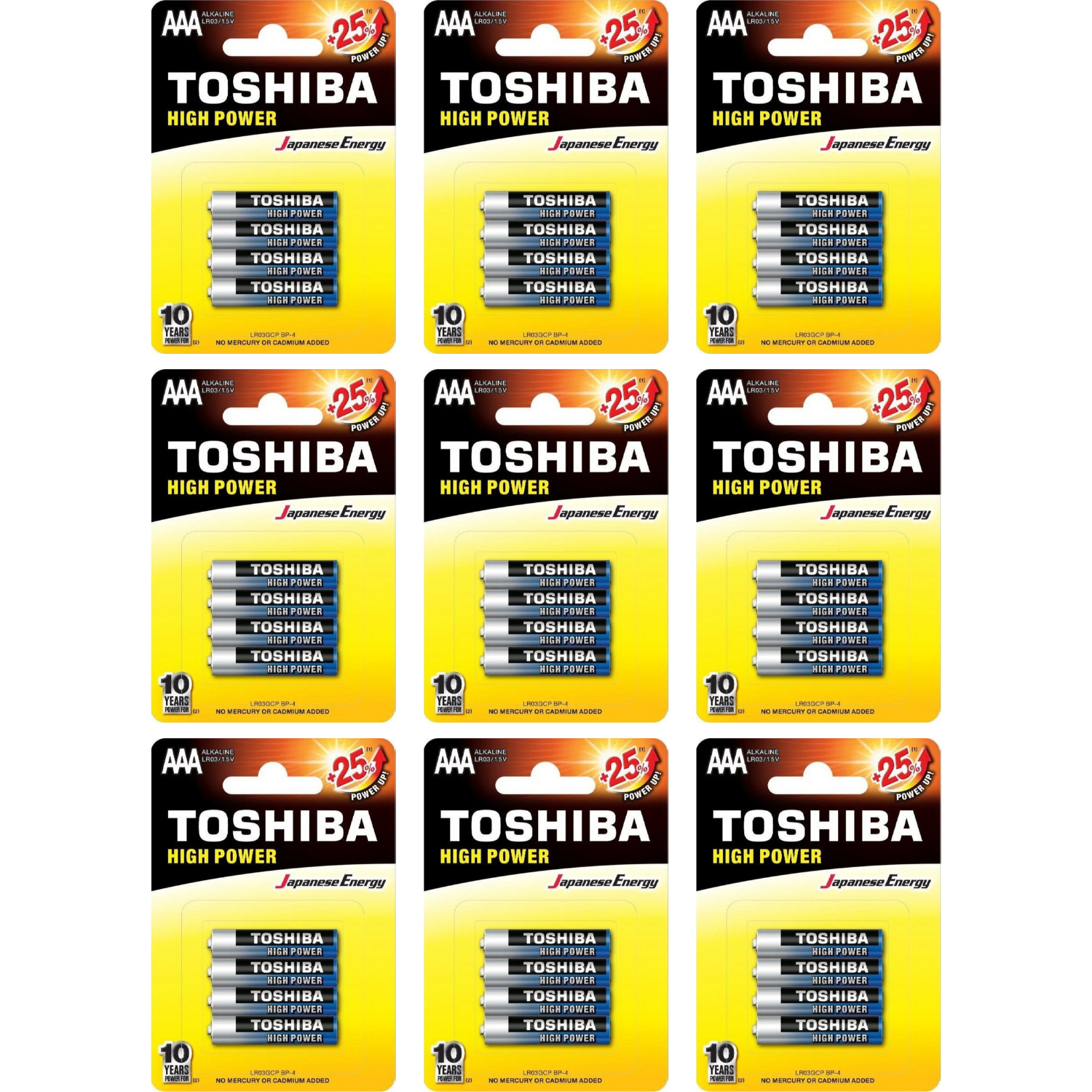 Toshiba - Pack de Pilas Alcalinas AAA High Power LR3 1.5V, Alto Rendimiento y Vida Útil Más Larga, Energía Japonesa, Completamente Cargadas y Listas para usar, Ideal para Juguetes, Productos Electrónicos y más