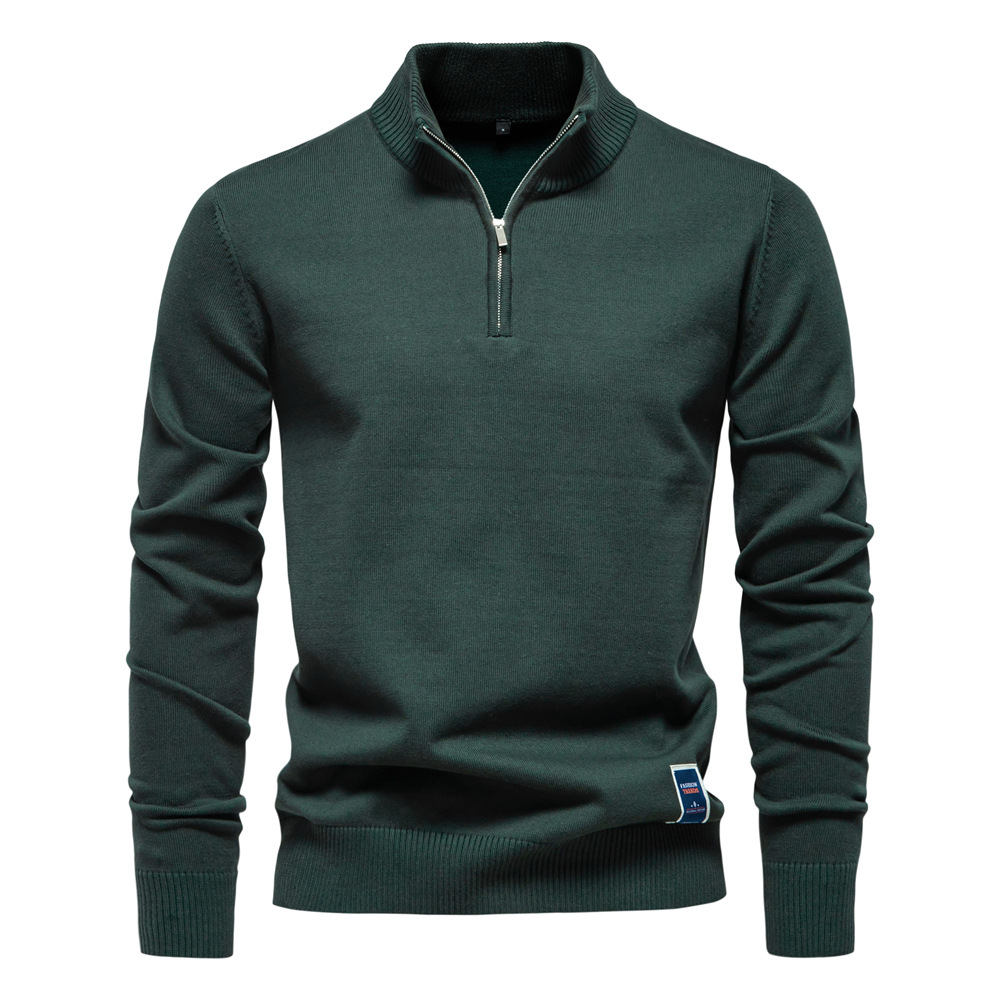 TK Suéter de punto de algodón puro de color liso para hombre, cuello alto, media cremallera, corte ajustado.