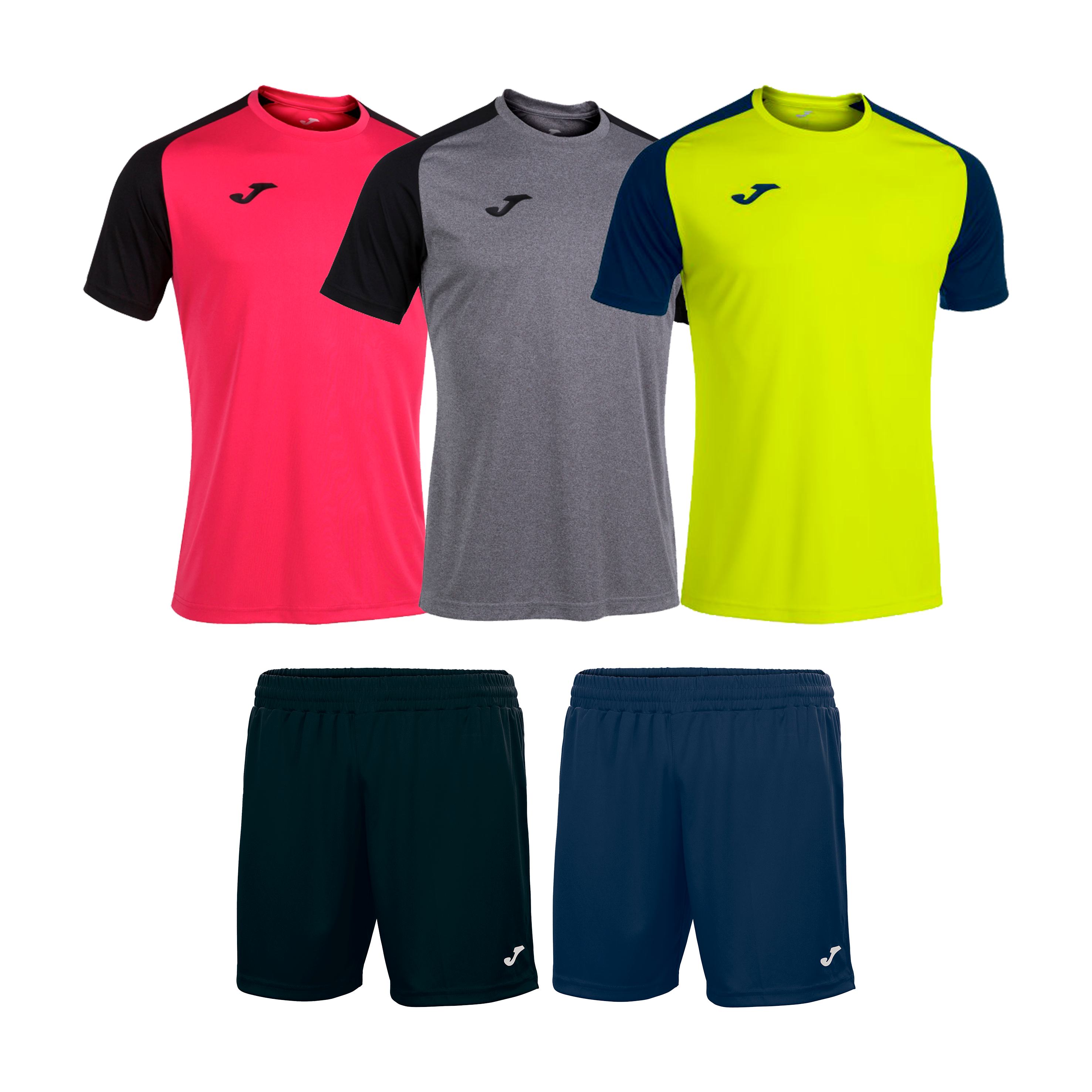 Pack de 5 Camisetas (3) 101968 Rosa Flúor Gris y Amarillo Flúor + Short (2) 100822 Negro y Marino Hombre Joma