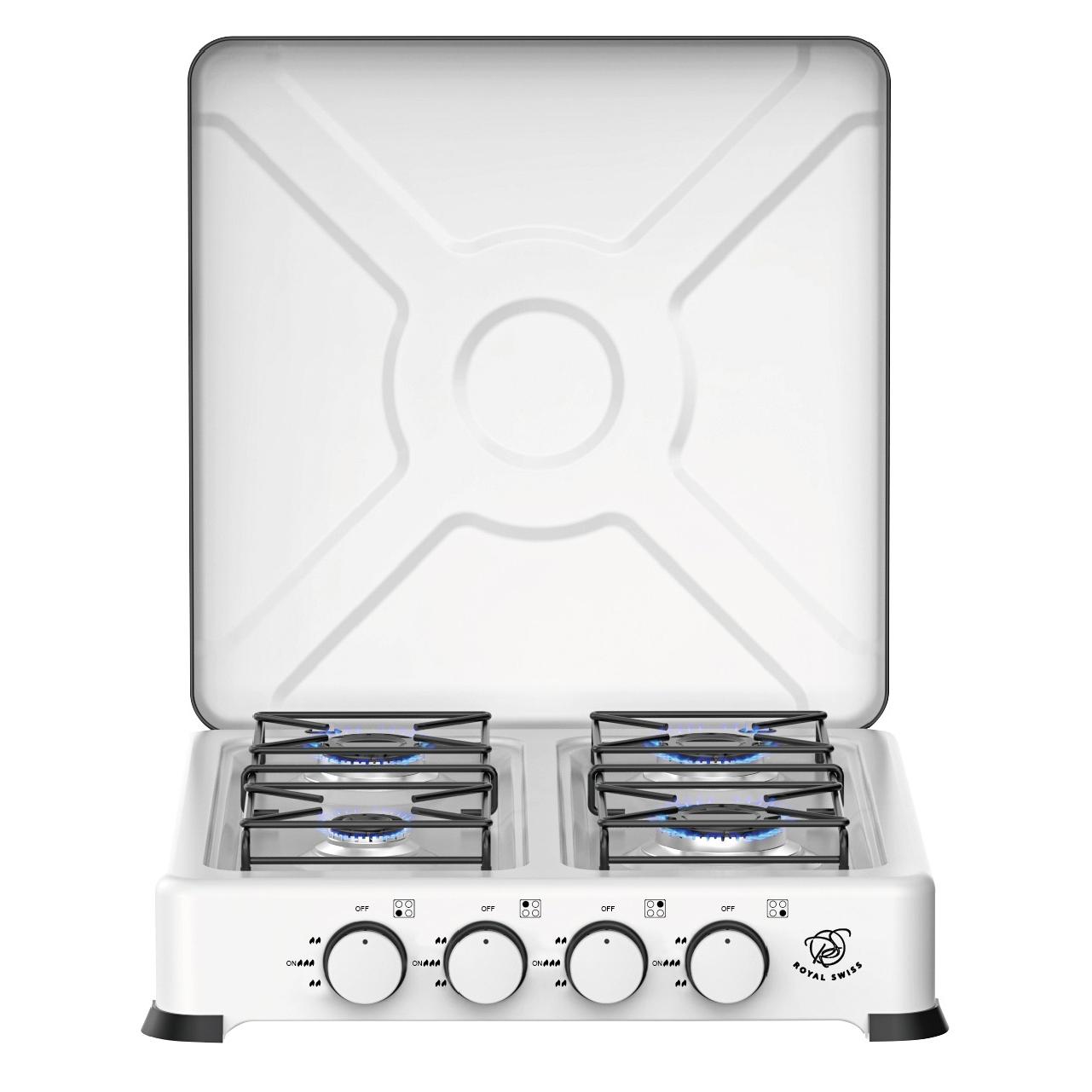 Royal Swiss - Gas Cooktop I-15 with 4 Aluminum Casting Burners, Blue Flame & Low Gas Consumption, Spill-Proof Surface for Domestic Kitchens