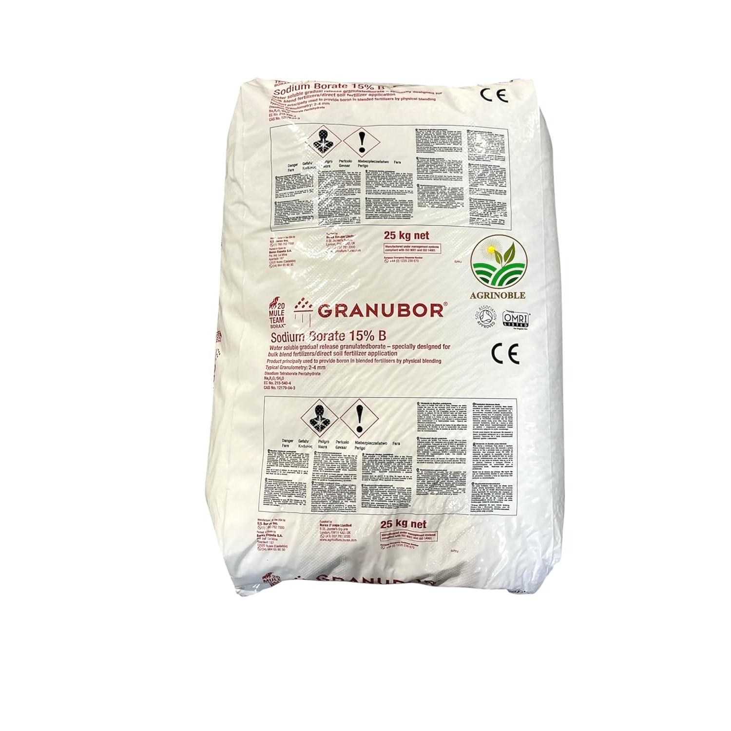 Granubor Abono fertilizante a base de boro granulado natural al 15%, Saco de 25kg. para aplicación directa al suelo. producto granulado de uso directo que permite hacer aplicaciones homogéneas y más eficaces.