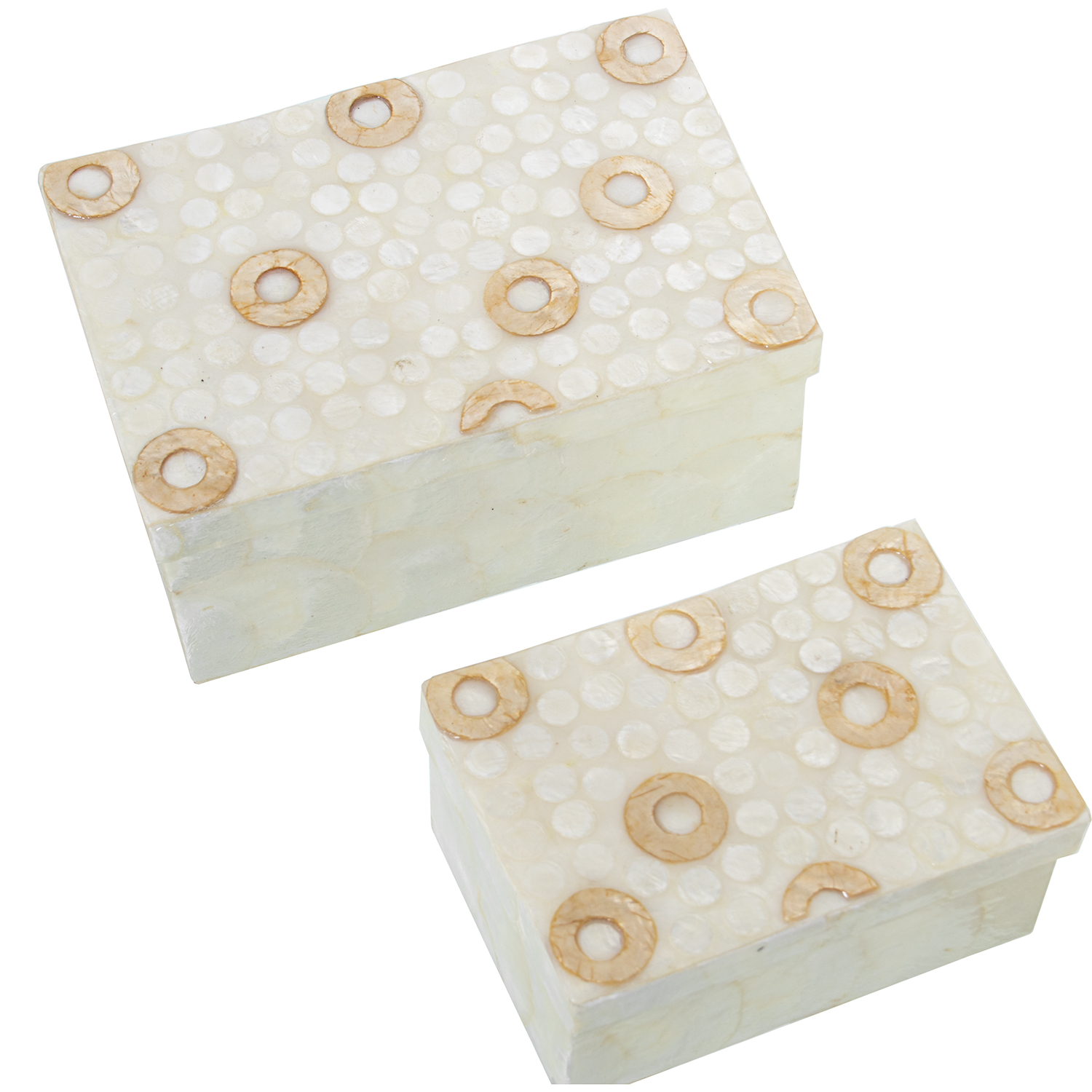 Set 2 cajas nacar rect. natural aros tostados 21x14x10cm y 16x11x8cm