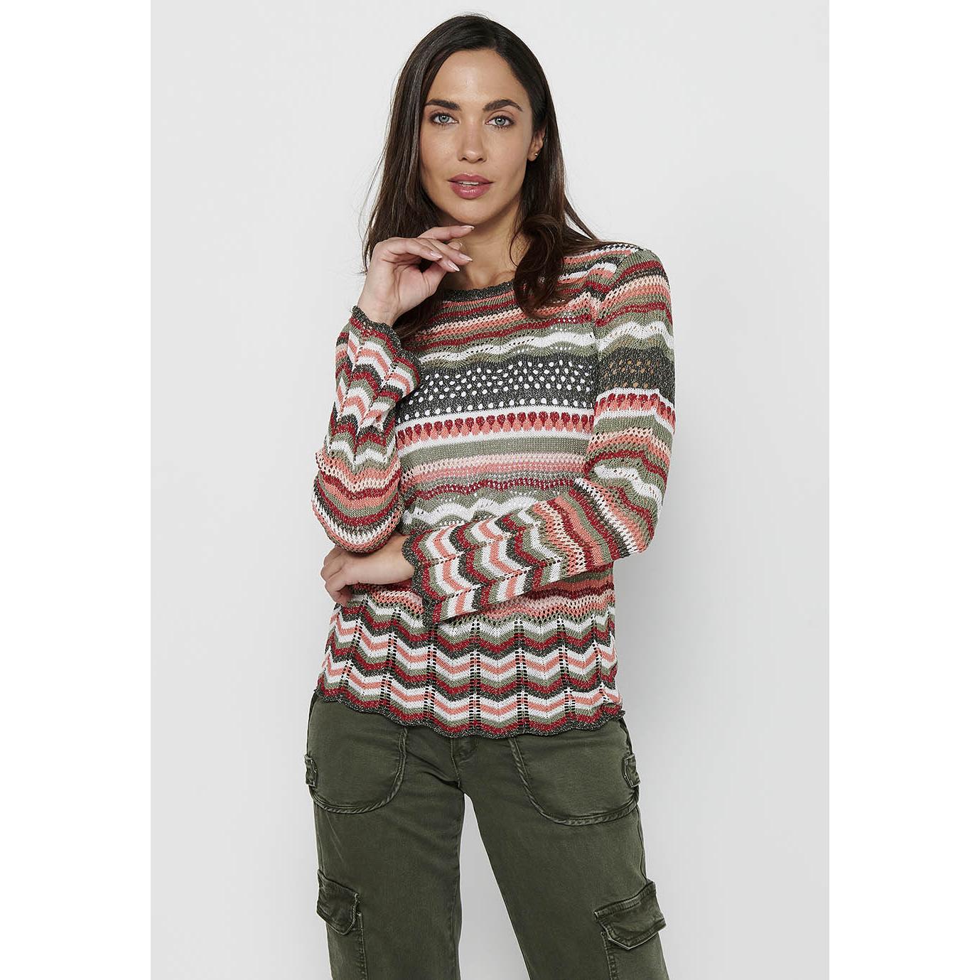 Koroshi - Jersey de punto tricot calado a rayas multicolor para mujer, 100% acrílico, manga larga y cuello redondo, ideal para entretiempo