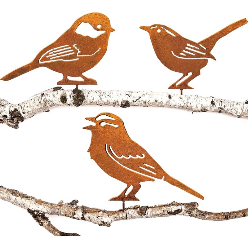 CA Adorno de pájaro oxidado para jardín, con pátina de óxido natural, para decoración de jardín, estilo retro, con forma de llave inglesa y gorrión.