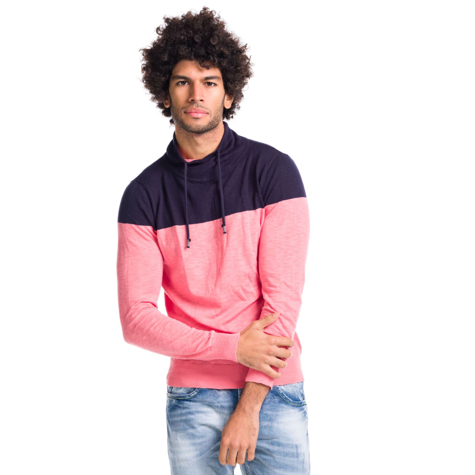 Koroshi - Jersey de punto fino 100% algodón para hombre con cuello chimenea ajustable y contraste de color, ideal para entretiempo e invierno
